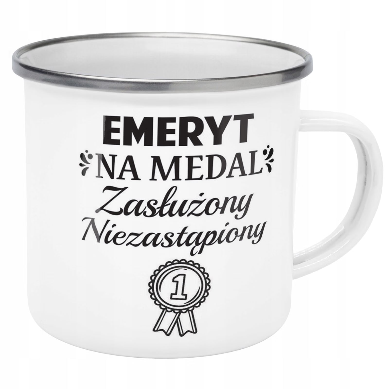 Kubek Emaliowany z okazji Emerytury Dla Emeryta z Nadrukiem Biały Metalowy
