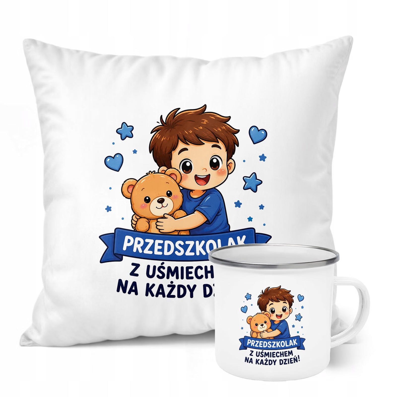 Zestaw Kubek Emaliowany Poduszka Z Nadrukiem Przedszkolak Szkoła Prezent