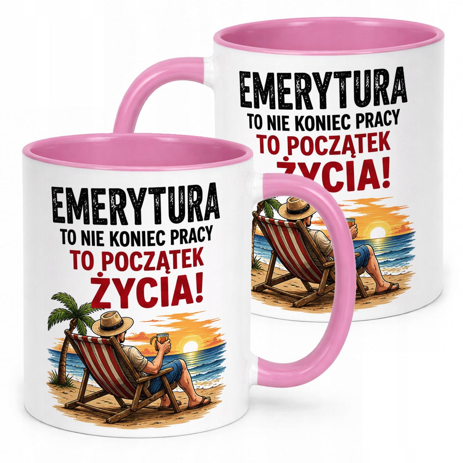Kubek Różowy z nadrukiem Emerytura Dla Emeryta Emerytki Upominek Prezent