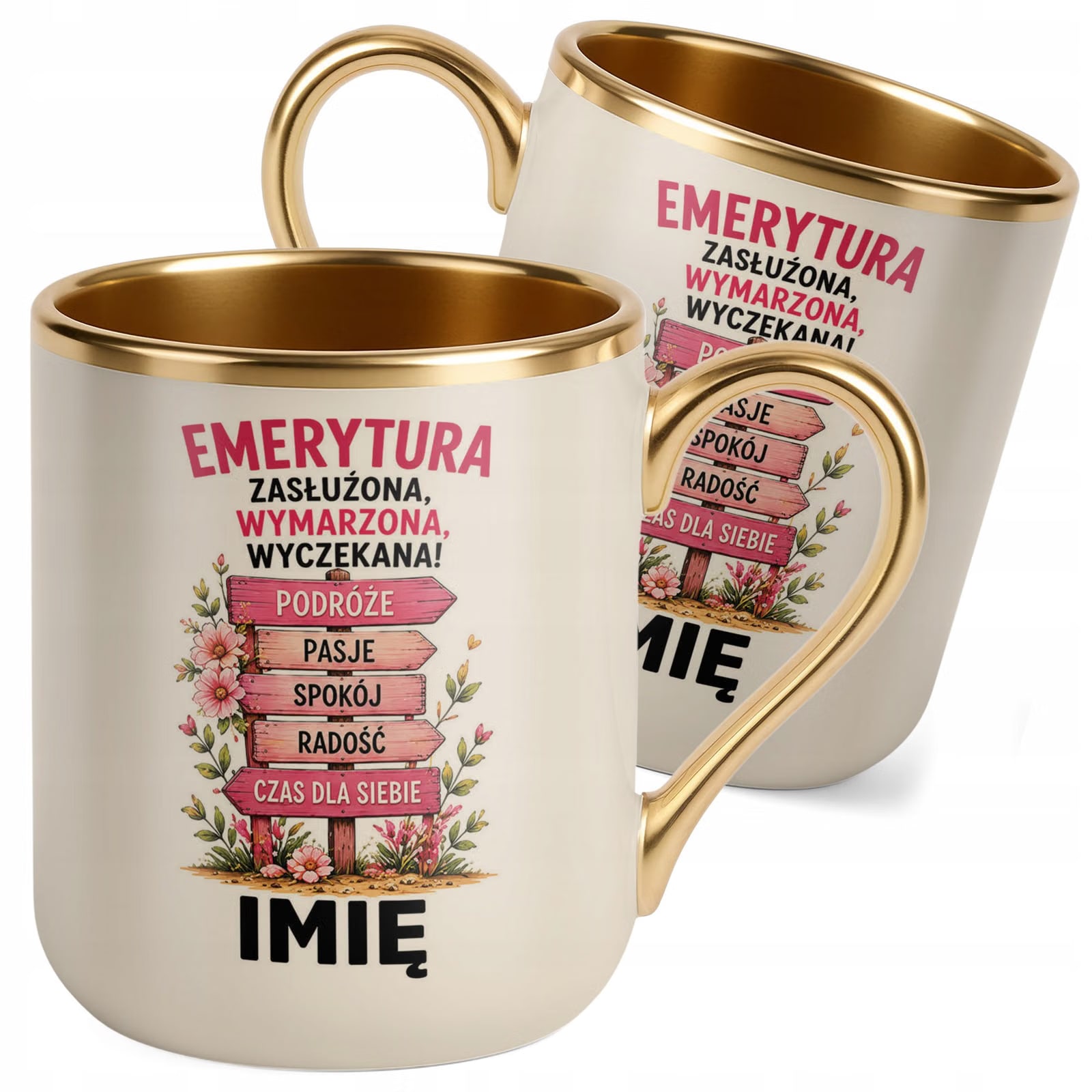Kubek Personalizowany z nadrukiem Premium Złoty Ecru Emerytura Prezent