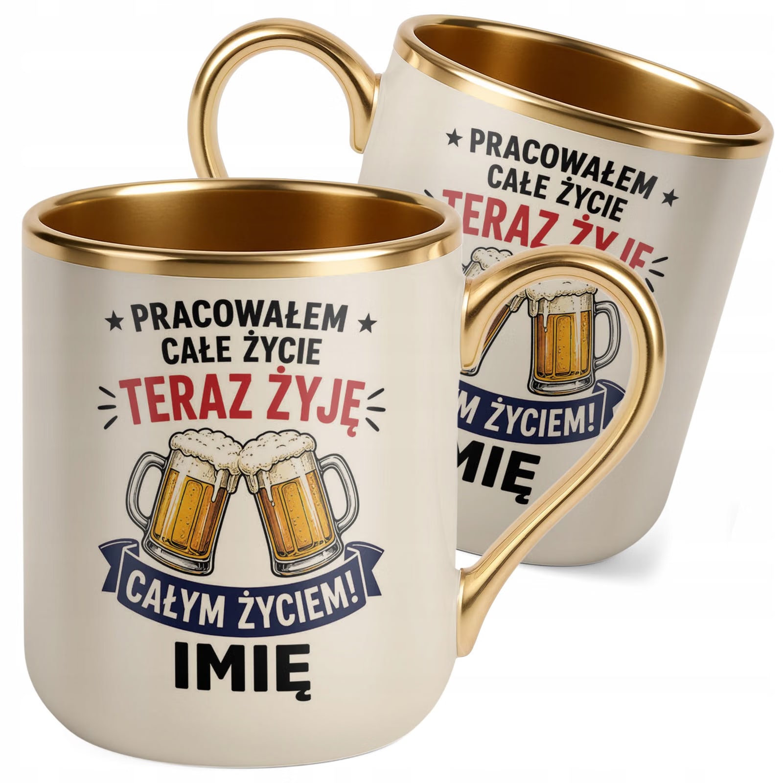 Kubek Personalizowany z nadrukiem Premium Złoty Ecru Emerytura Prezent