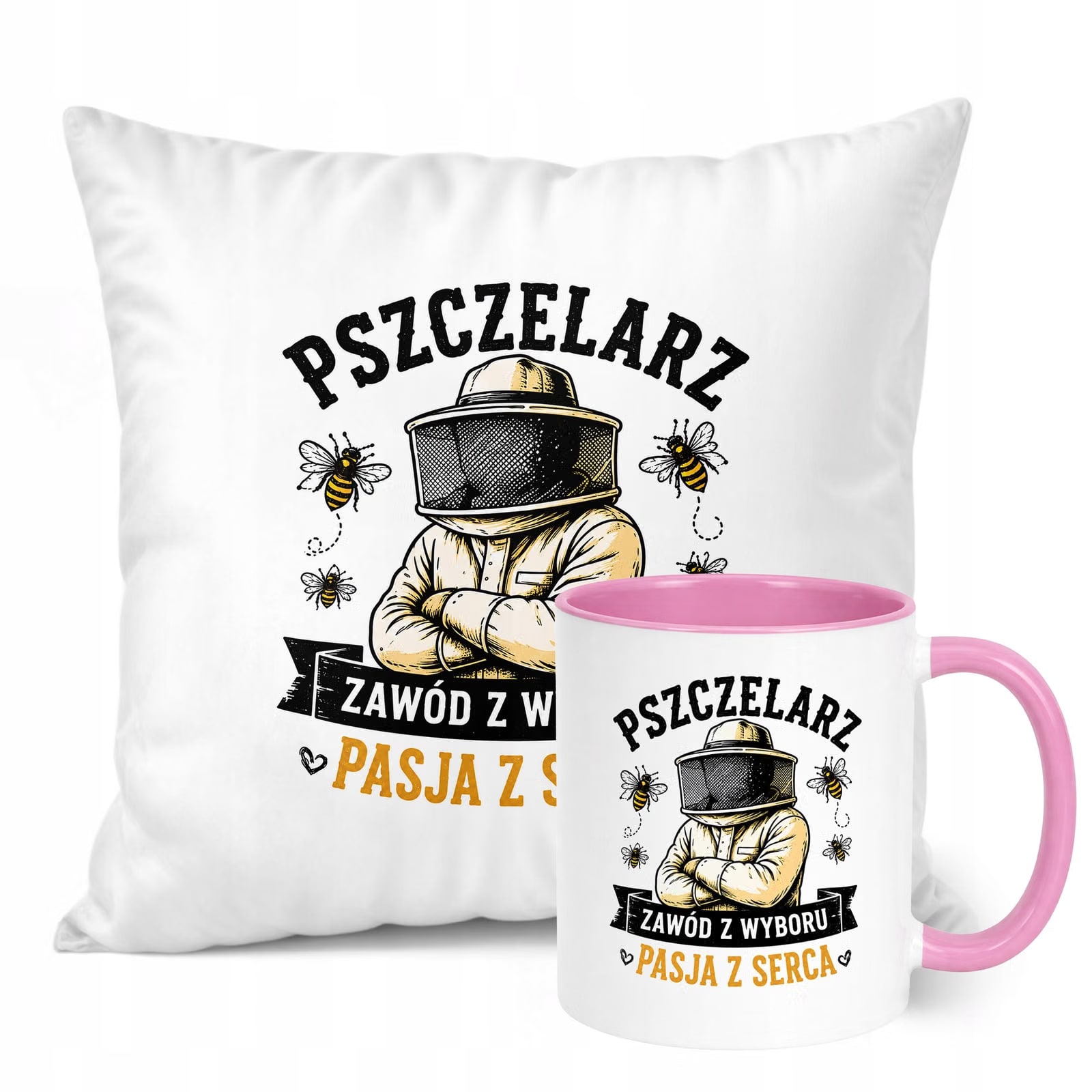 Zestaw Kubek Różowy Poduszka Z Nadrukiem Dla Pszczelarza Prezent