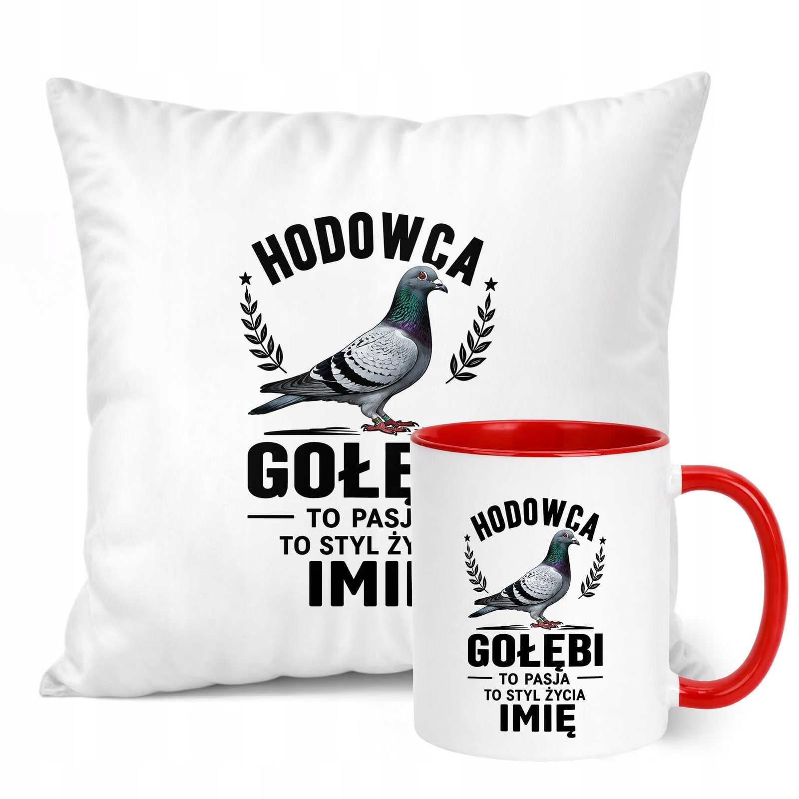 Zestaw Personalizowany Kubek Czerwony Poduszka Z Nadrukiem Dla Gołębiarza
