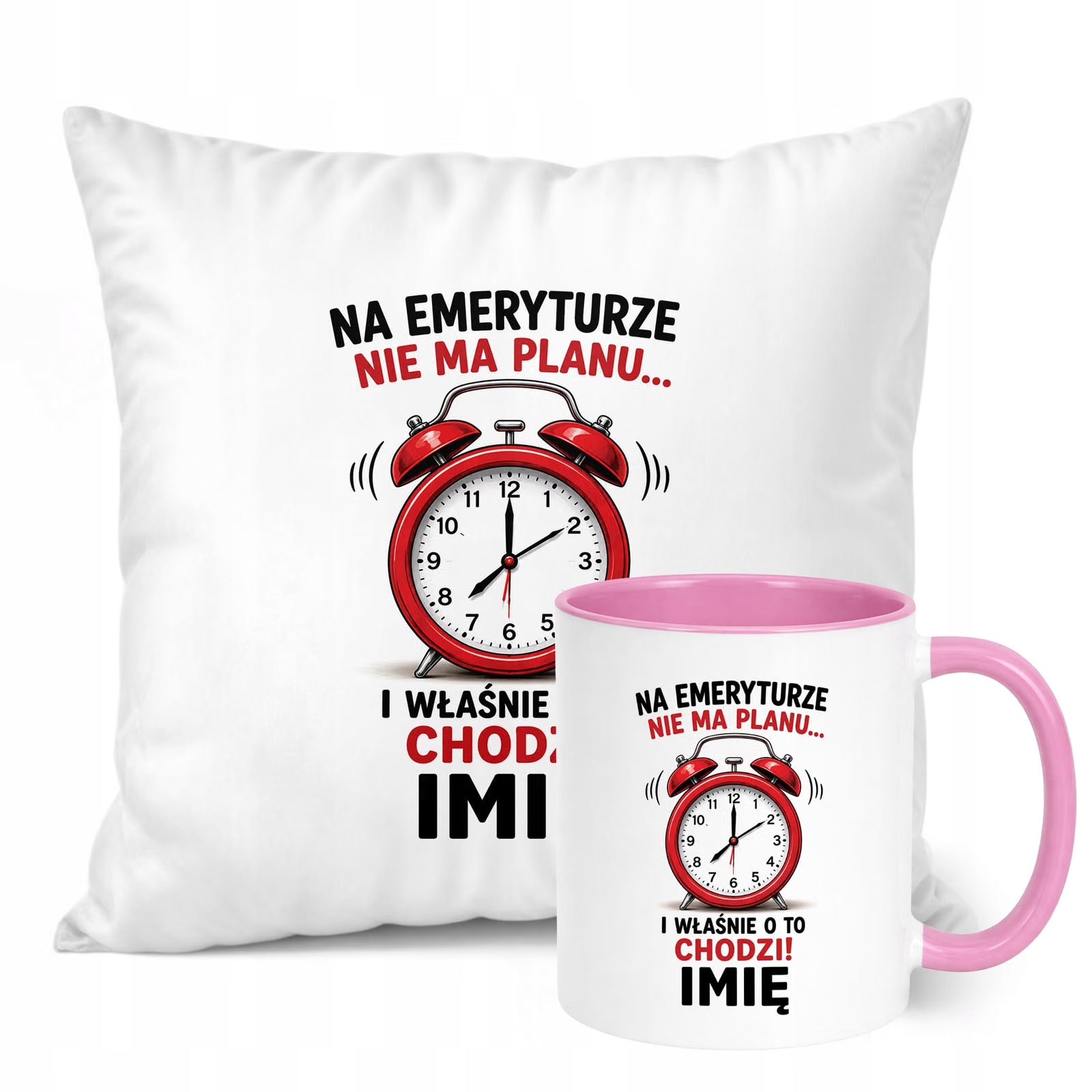 Zestaw Personalizowany Kubek Różowy Poduszka Emerytura Upominek Prezent