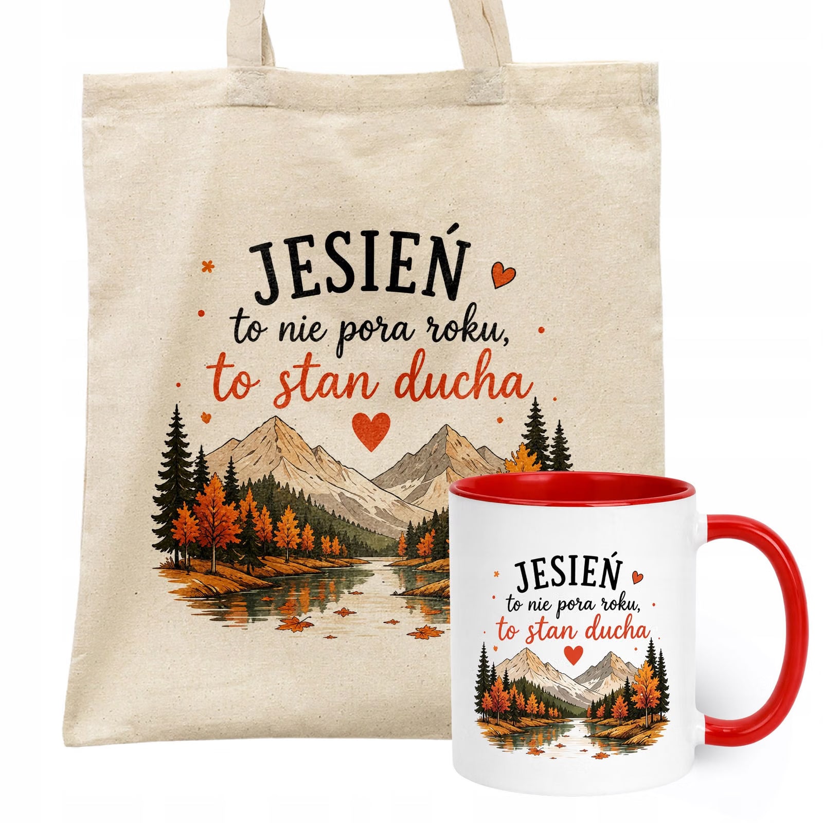 Zestaw Kubek Czerwony Torba Shopper Ecru Z Nadrukiem Jesień Jesienny