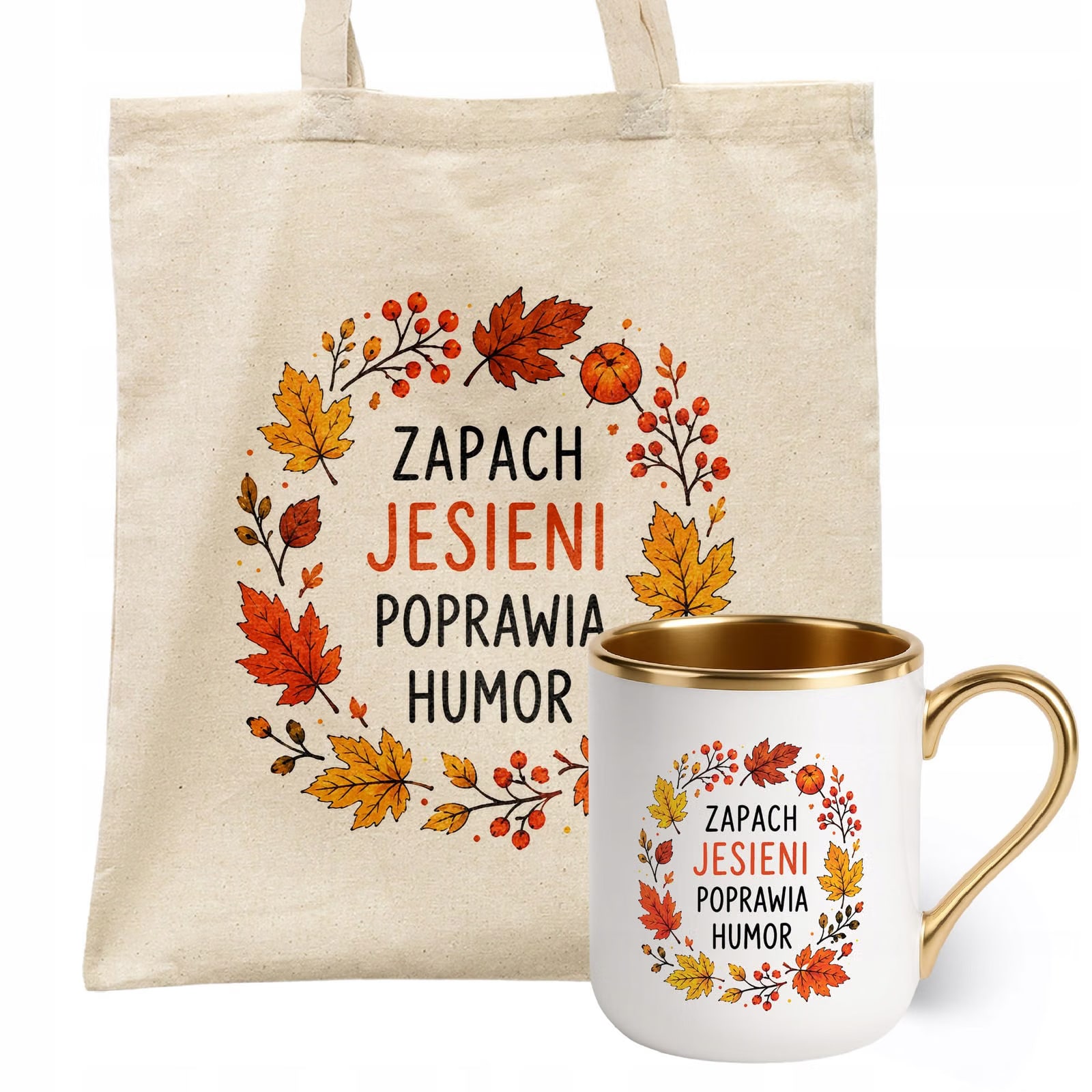 Zestaw Kubek Premium Złoty Torba Shopper Ecru Z Nadrukiem Jesień
