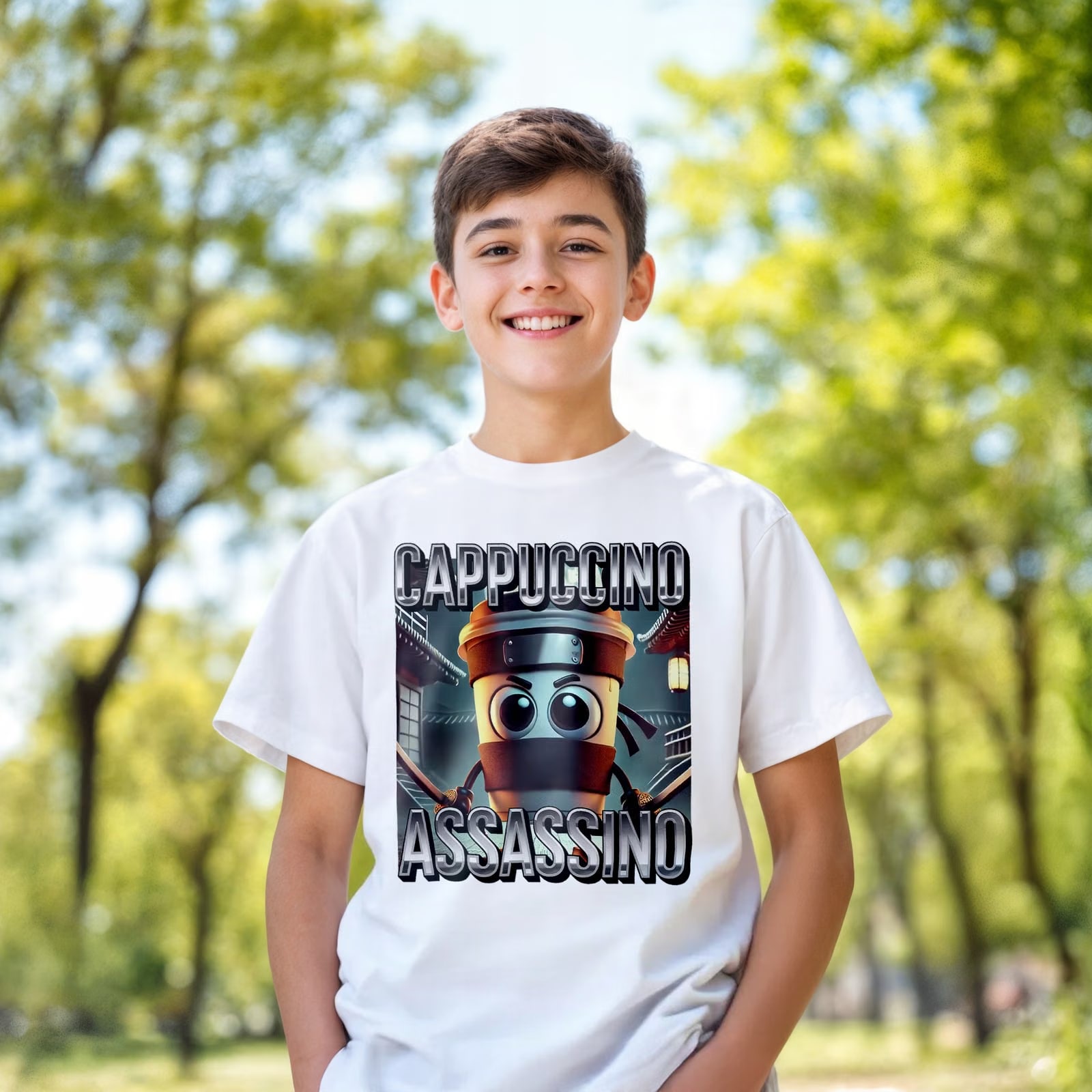 Koszulka biała dziecięca Cappuccino Assassino viral tiktok brainrot