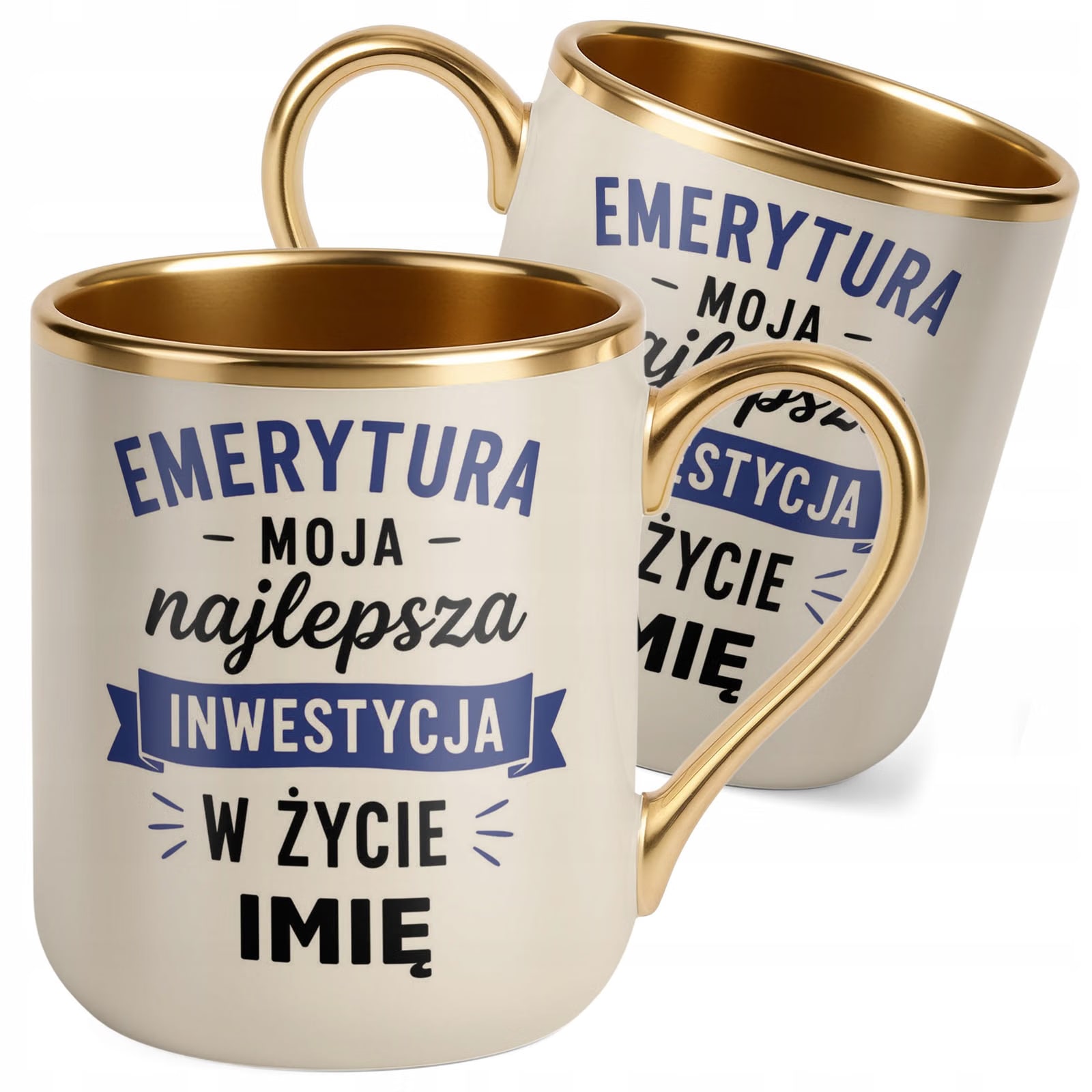 Kubek Personalizowany z nadrukiem Premium Złoty Ecru Emerytura Prezent