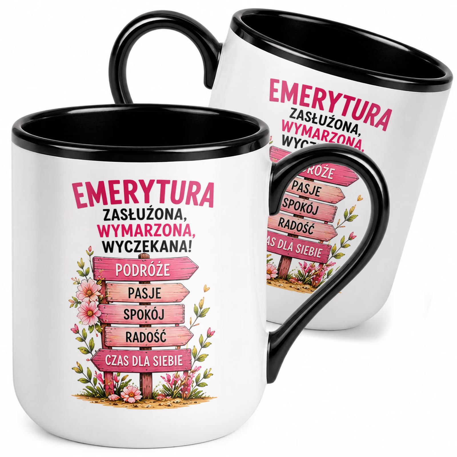Kubek z nadrukiem Premium Czarny Emerytura Dla Emerytki Upominek Prezent