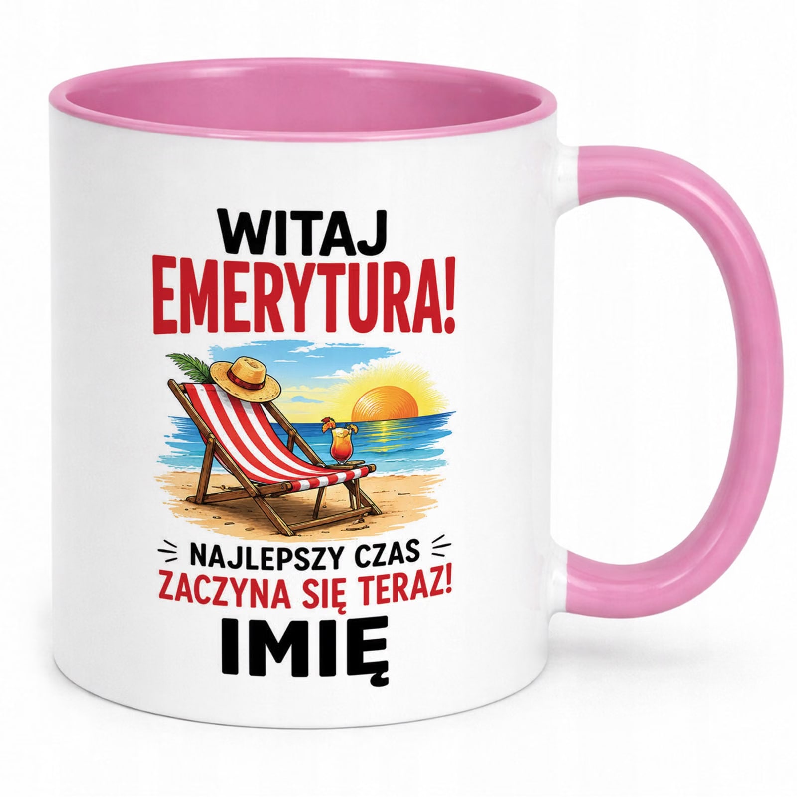 Kubek Różowy Personalizowany z Nadrukiem Emerytura Upominek Prezent