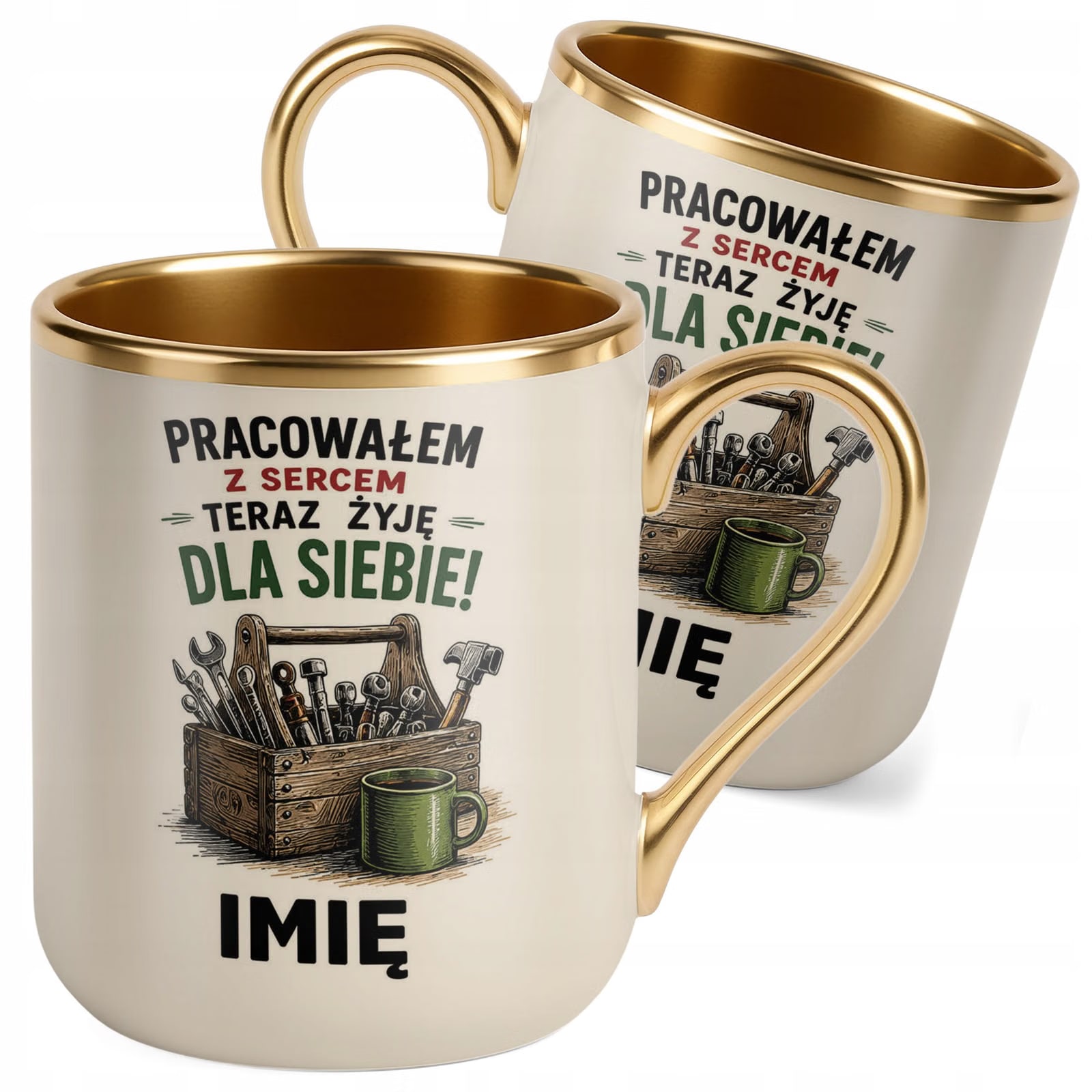 Kubek Personalizowany z nadrukiem Premium Złoty Ecru Emerytura Prezent