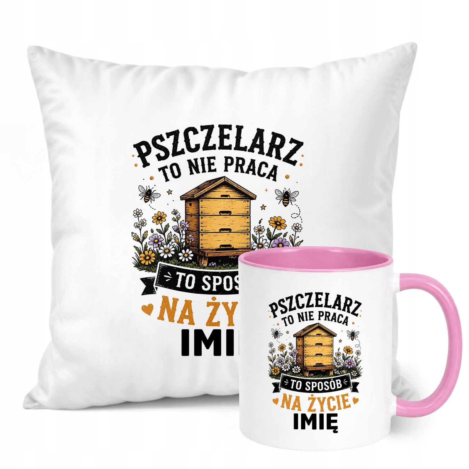 Zestaw Personalizowany Kubek Różowy Poduszka Z Nadrukiem Dla Pszczelarza