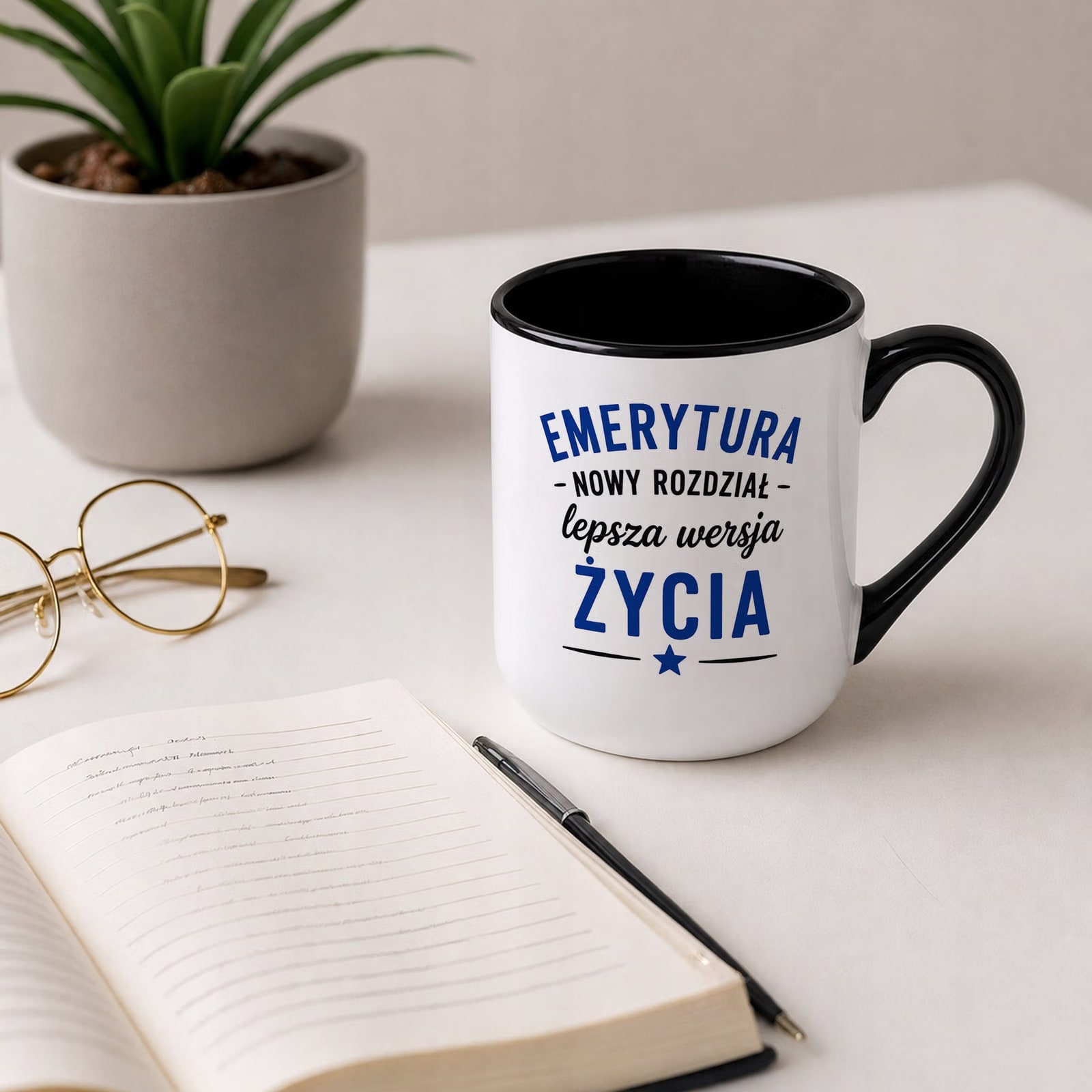 Kubek z nadrukiem Premium Czarny Emerytura Dla Emeryta Upominek Prezent