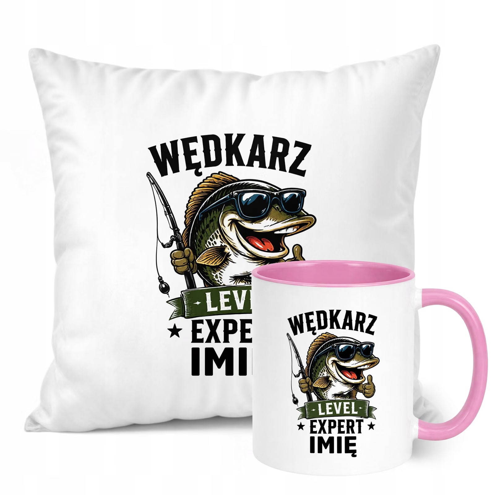 Zestaw Personalizowany Kubek Różowy Poduszka Z Nadrukiem Dla Wędkarza