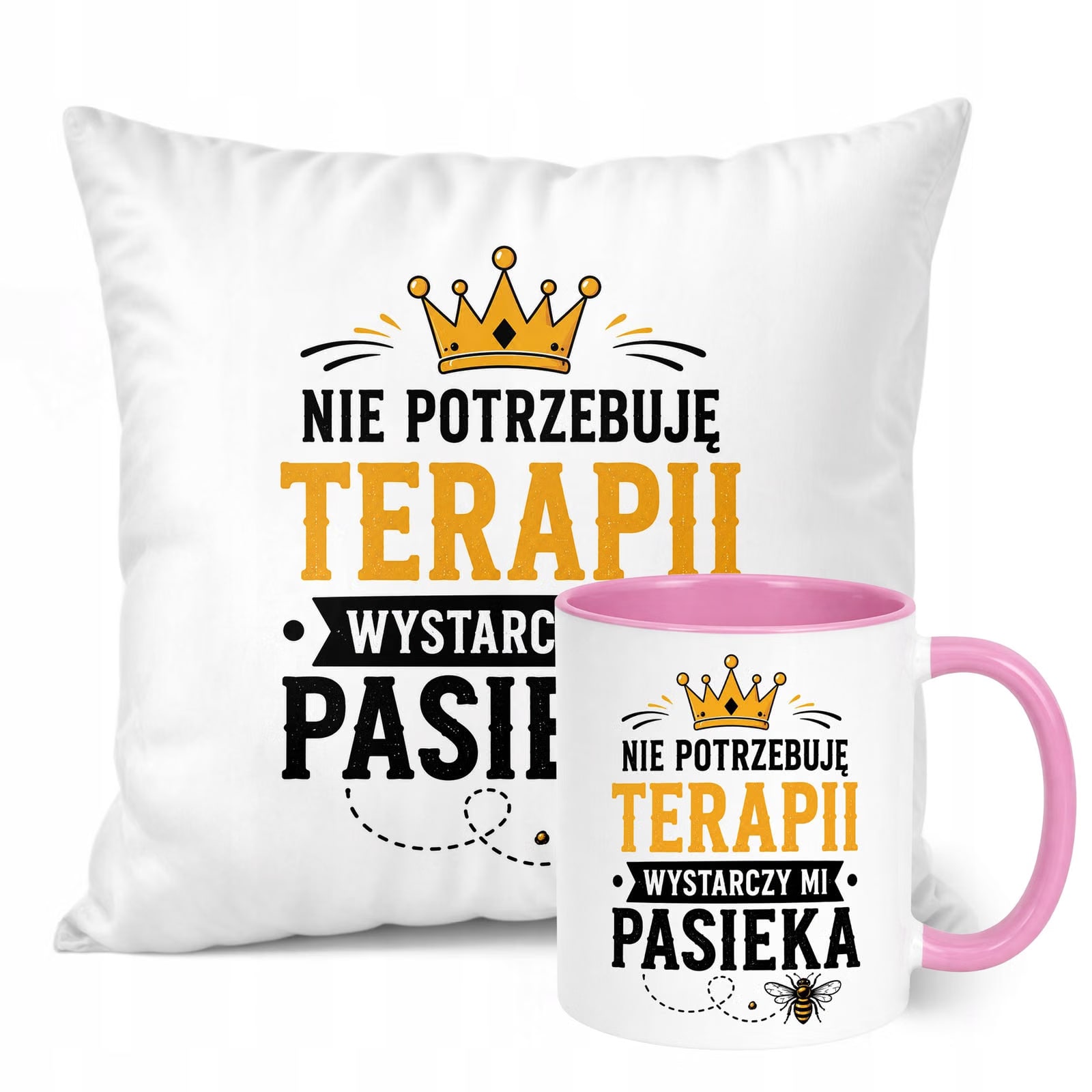 Zestaw Kubek Różowy Poduszka Z Nadrukiem Dla Pszczelarza Prezent