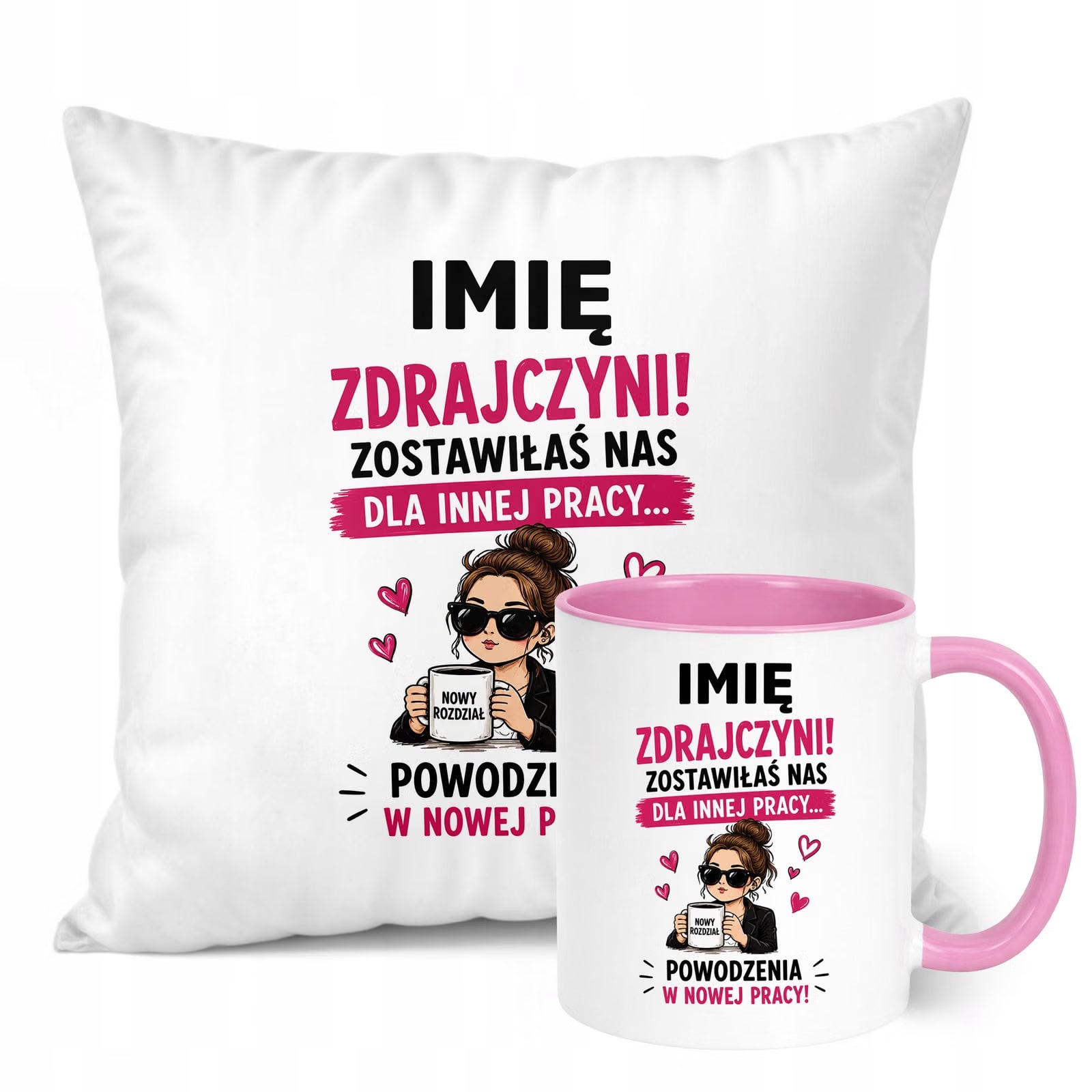 Zestaw Personalizowany Kubek Różowy Poduszka Odejście z Pracy Prezent