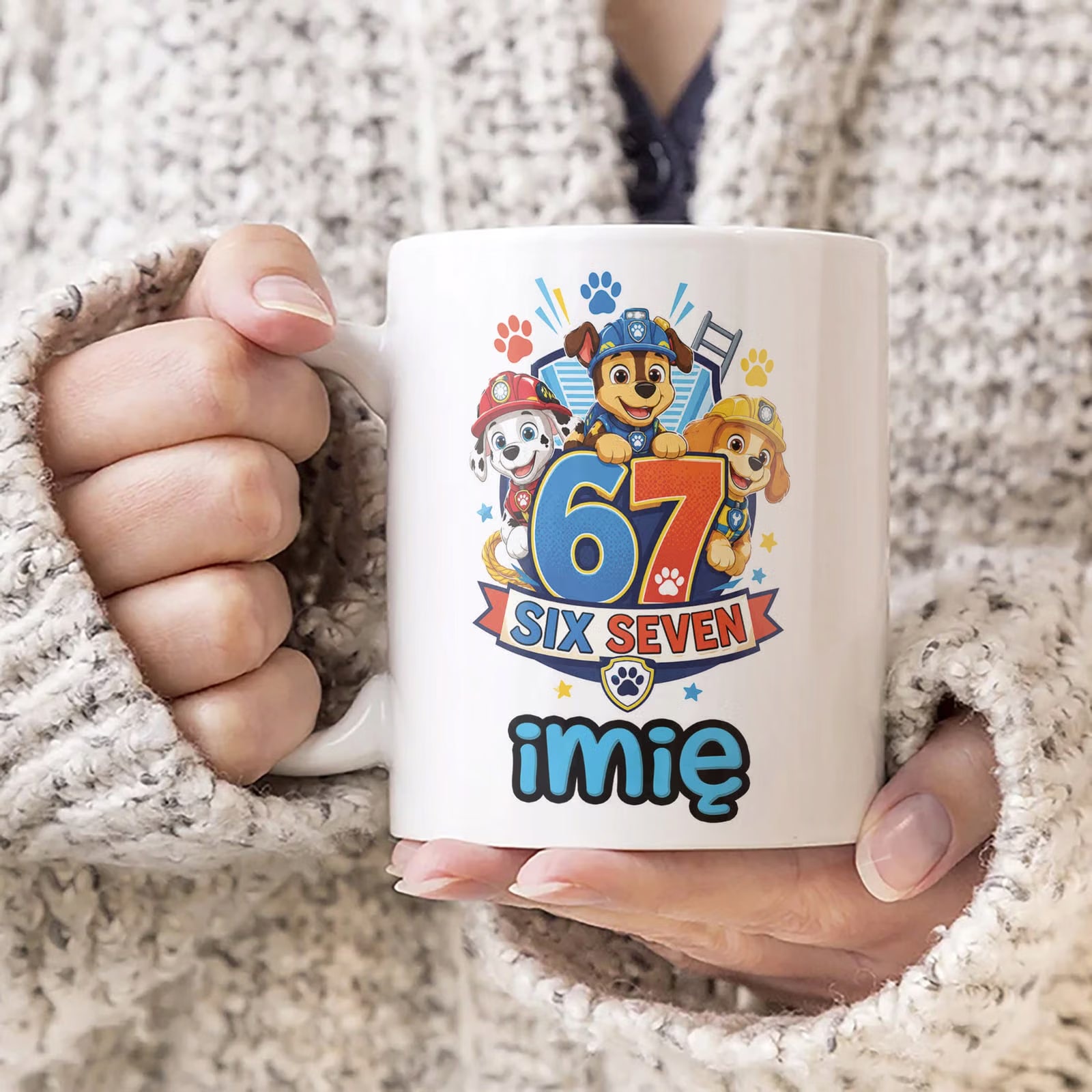Biały Kubek z nadrukiem personalizowany 67 Pies Strażak Dla Dzieci Prezent