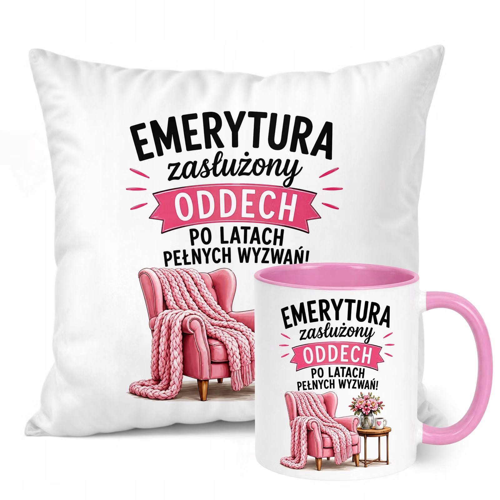 Zestaw Kubek Różowy Poduszka Z Nadrukiem Emerytura Dla Emerytki Prezent