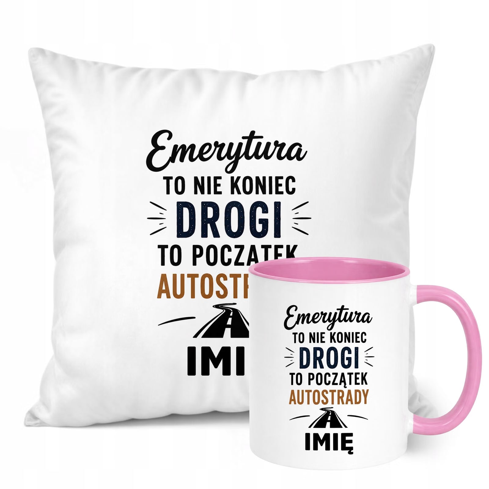 Zestaw Personalizowany Kubek Różowy Poduszka Emerytura Upominek Prezent