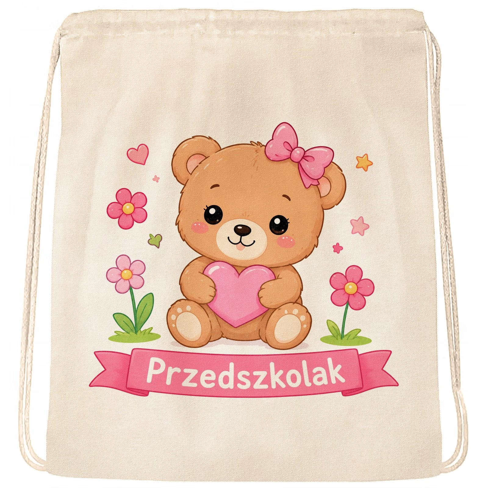 Plecak Worek Przedszkolak z Nadrukiem Bawełniany Szkolny na Buty Ecru