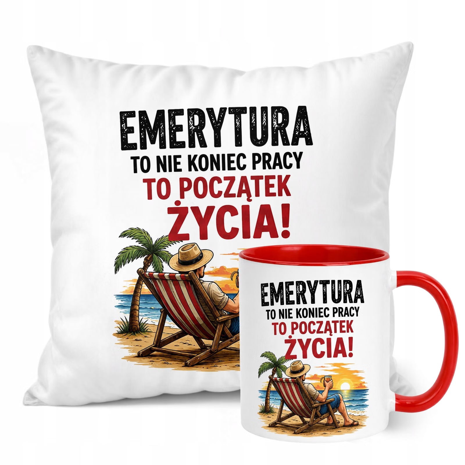 Zestaw Kubek Czerwony Poduszka Z Nadrukiem Emerytura Prezent