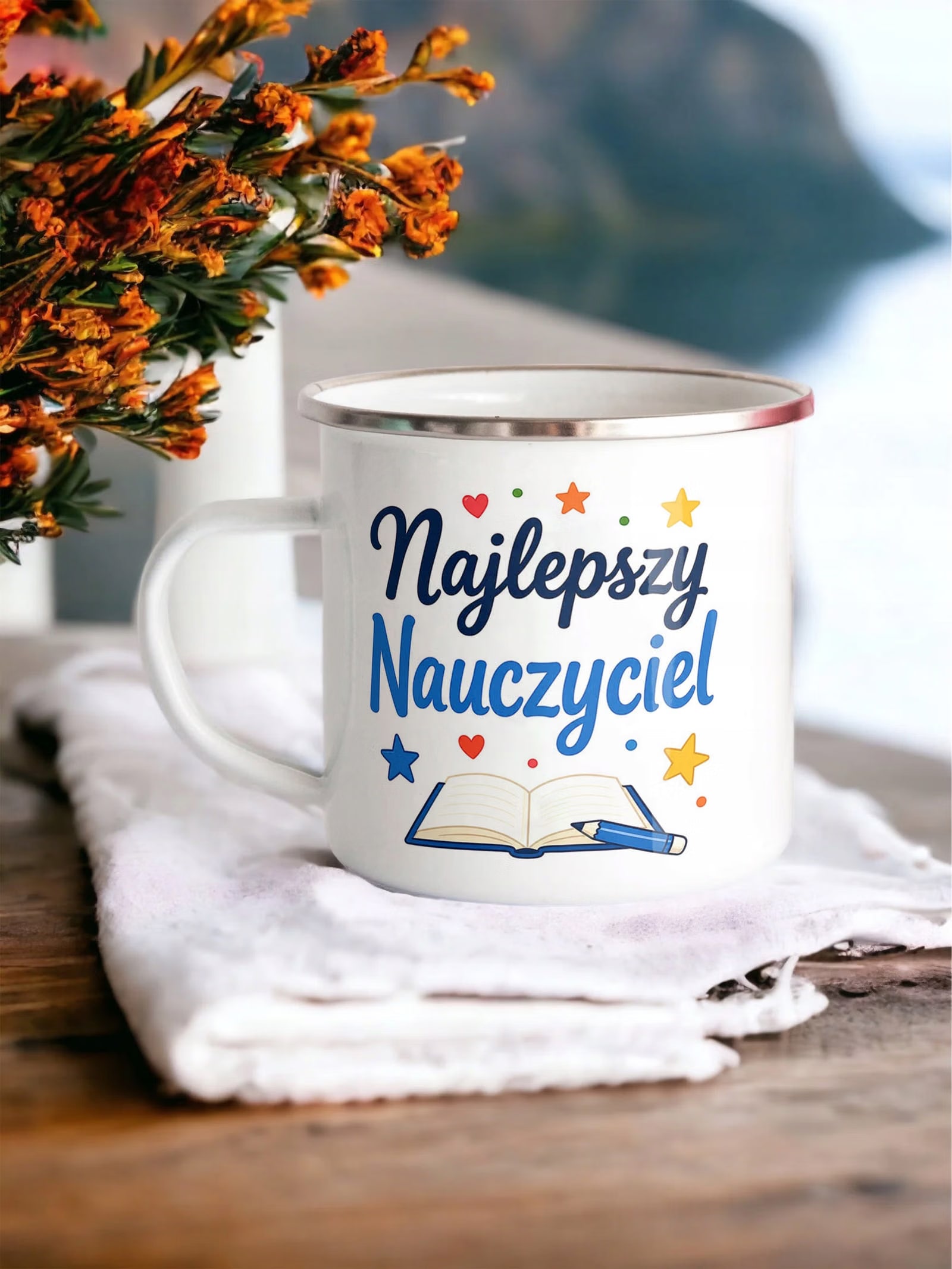 Kubek Emaliowany Dzień Nauczyciela Zakończenie z Nadrukiem Biały Metalowy