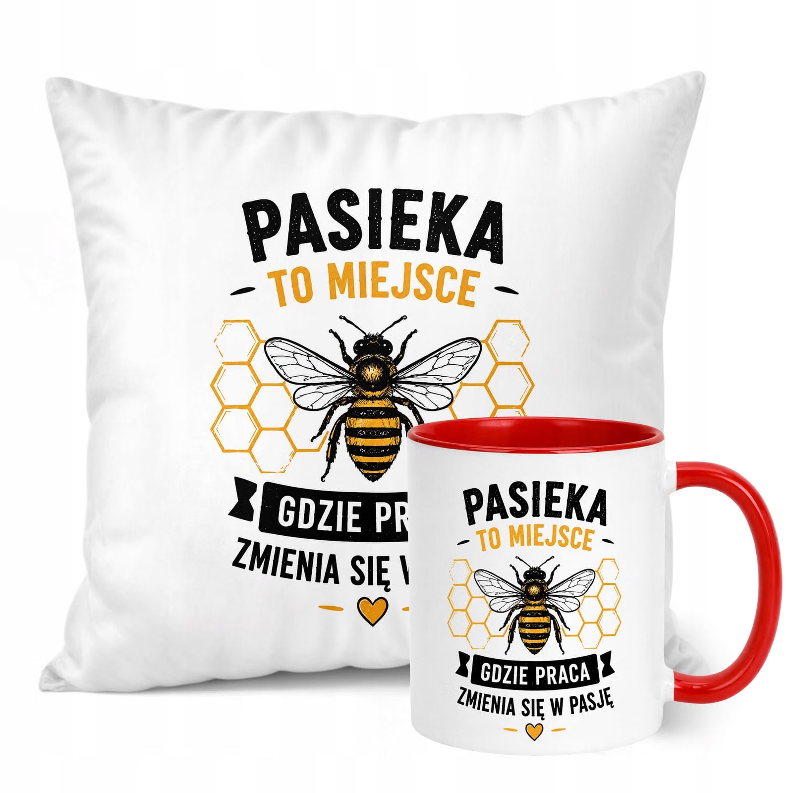 Zestaw Kubek Czerwony Poduszka Z Nadrukiem Dla Pszczelarza Prezent
