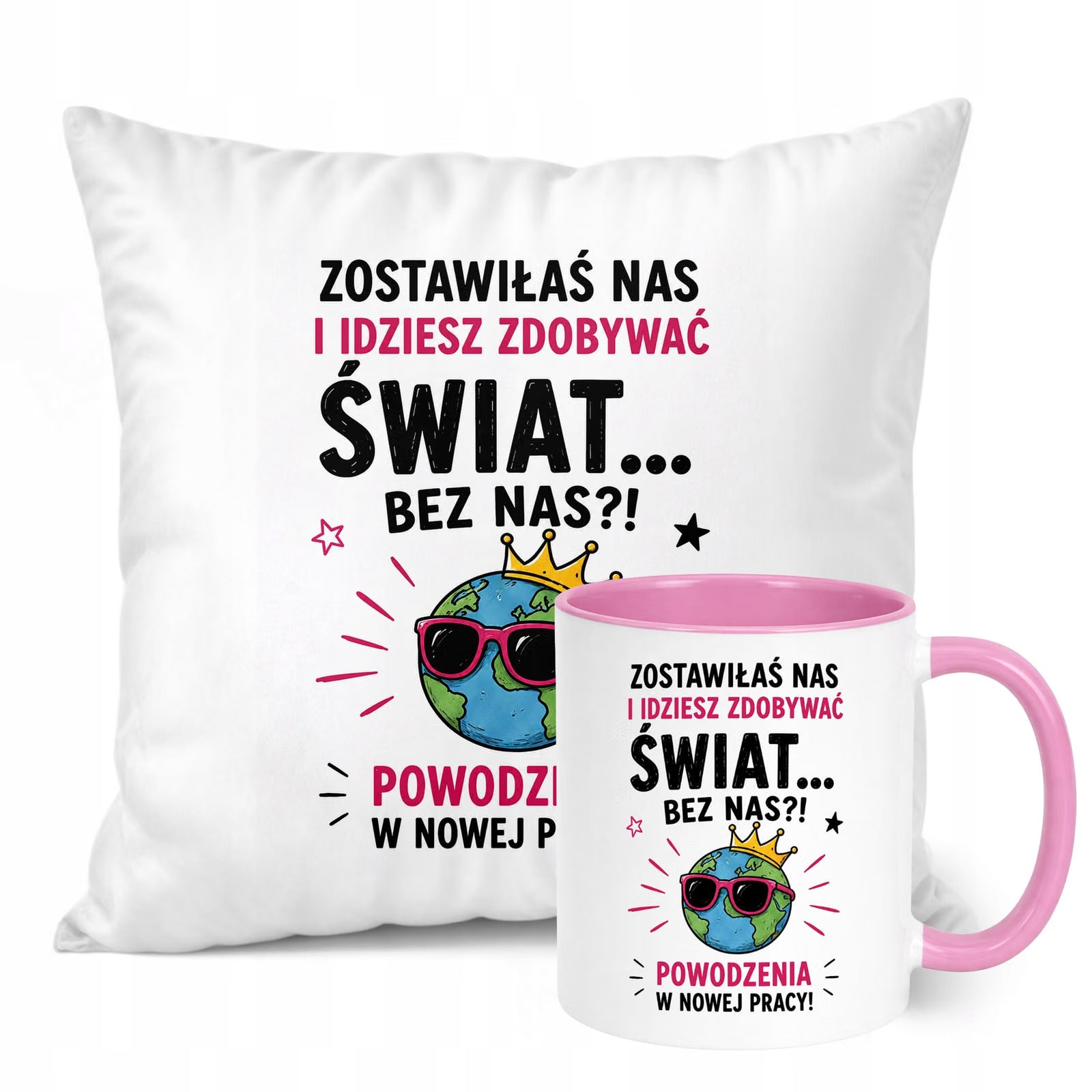 Zestaw Kubek Różowy Poduszka Z Nadrukiem Odejście z Pracy Prezent