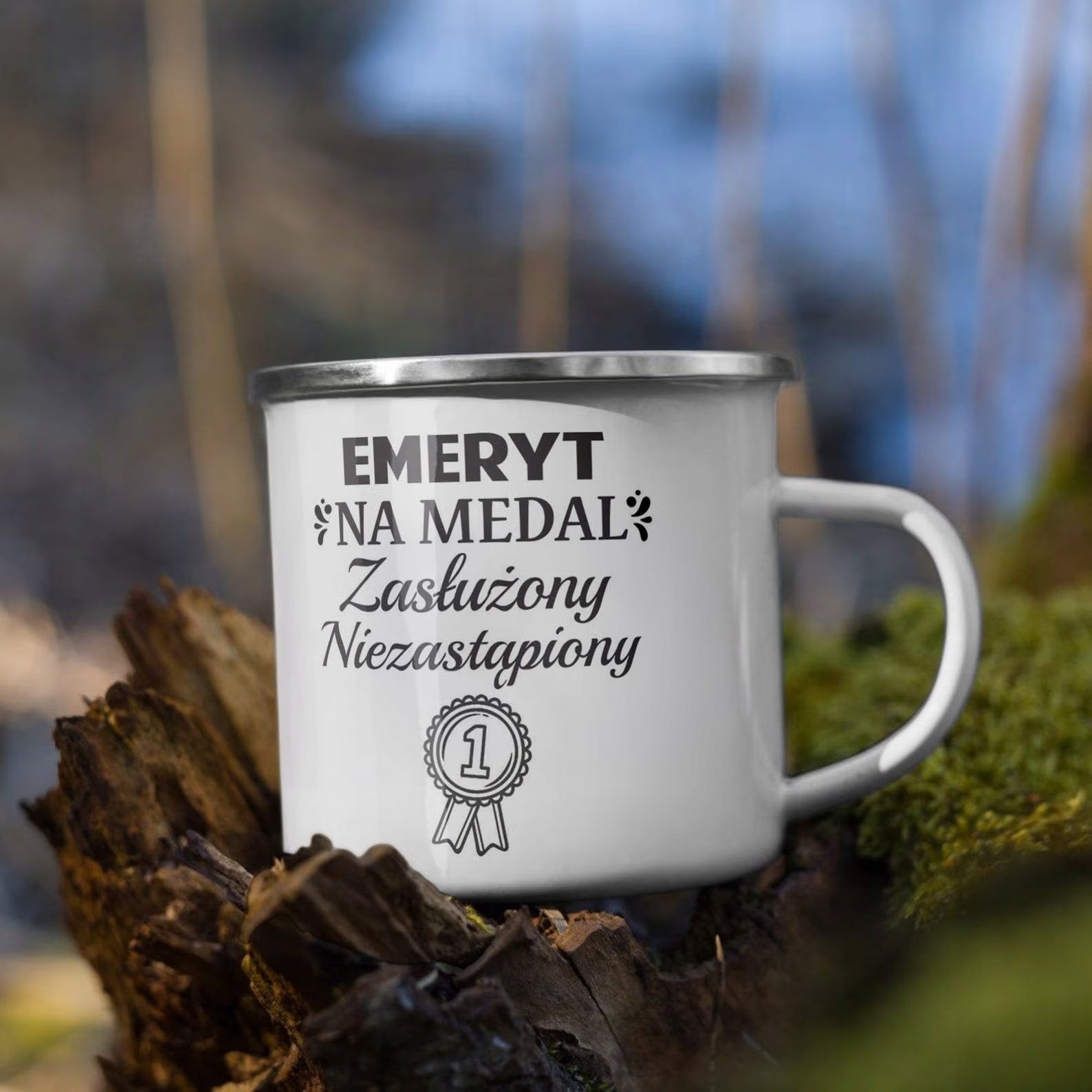 Kubek Emaliowany z okazji Emerytury Dla Emeryta z Nadrukiem Biały Metalowy