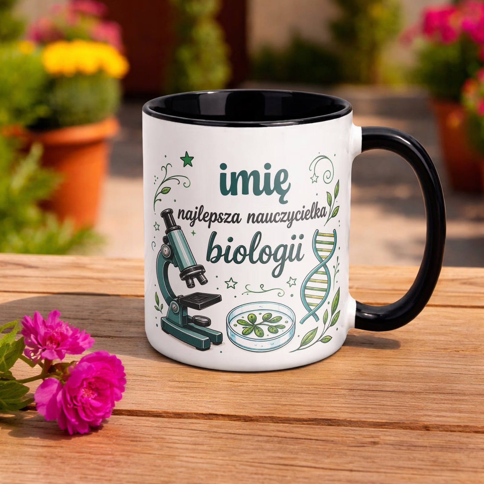 Kubek Czarny z Imieniem Dzień Nauczyciela Biologia Prezent
