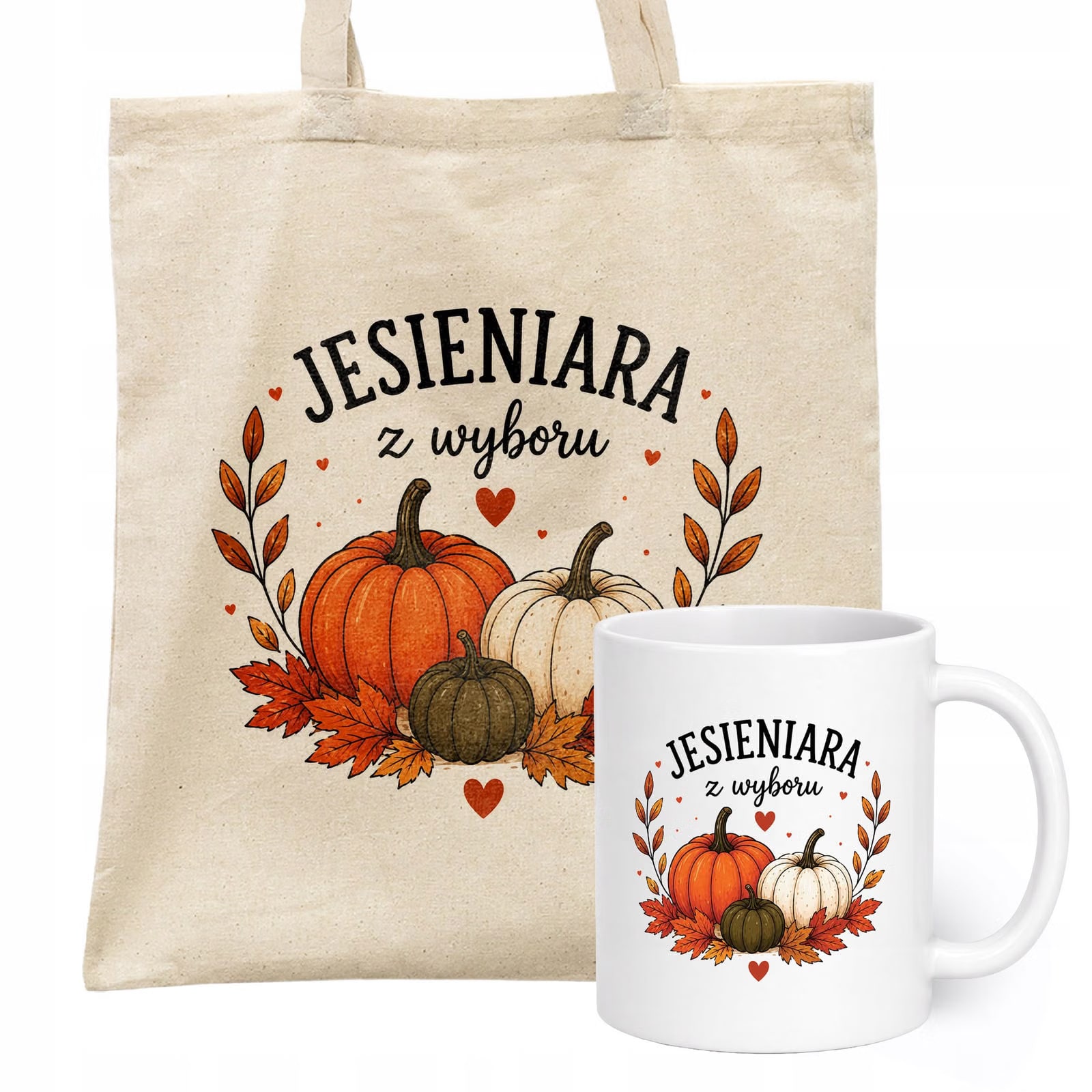 Zestaw Kubek Biały Torba Shopper Ecru Z Nadrukiem Jesień Jesienny Prezent