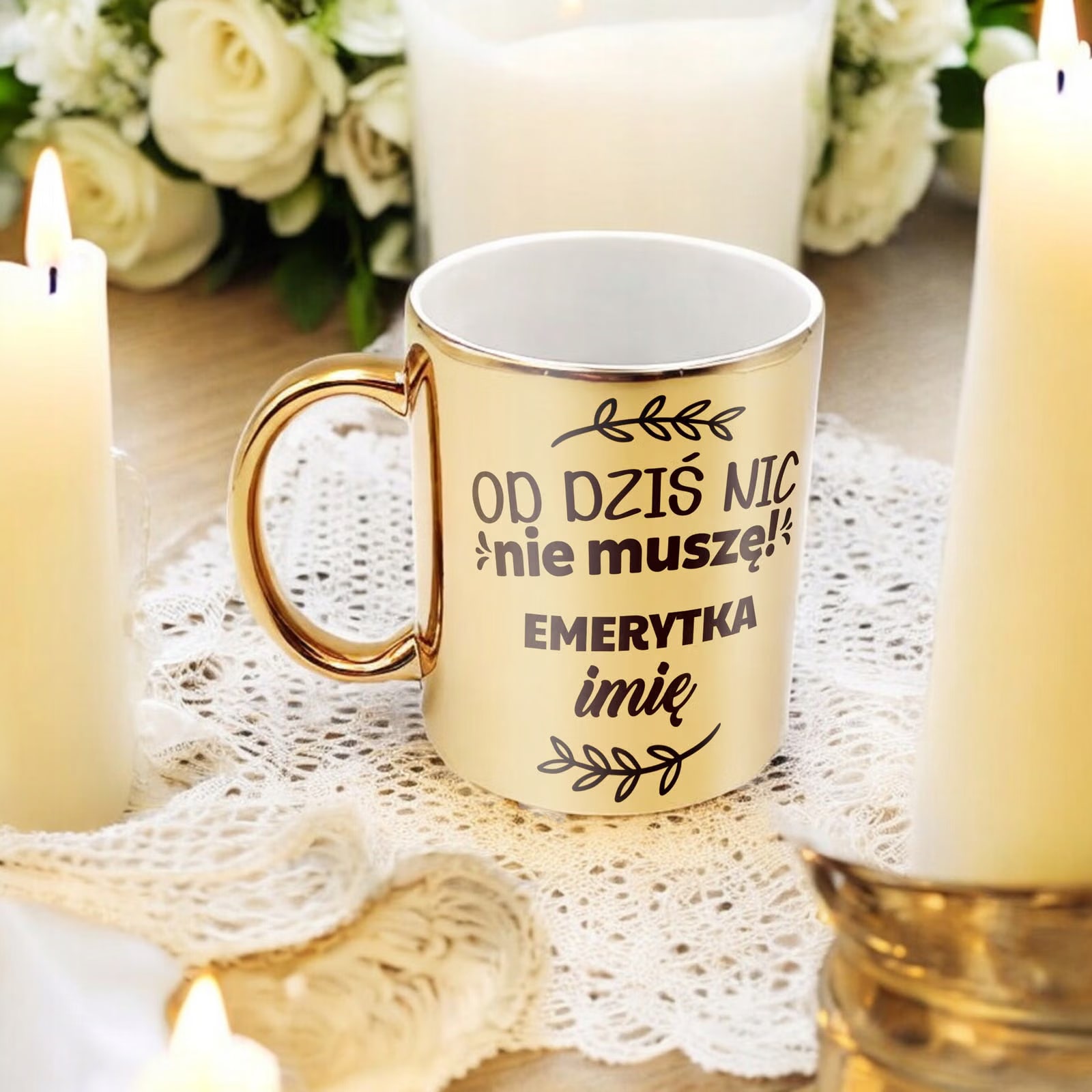 Złoty Kubek ceramiczny Personalizowany z okazji Emerytury Dla Emerytki