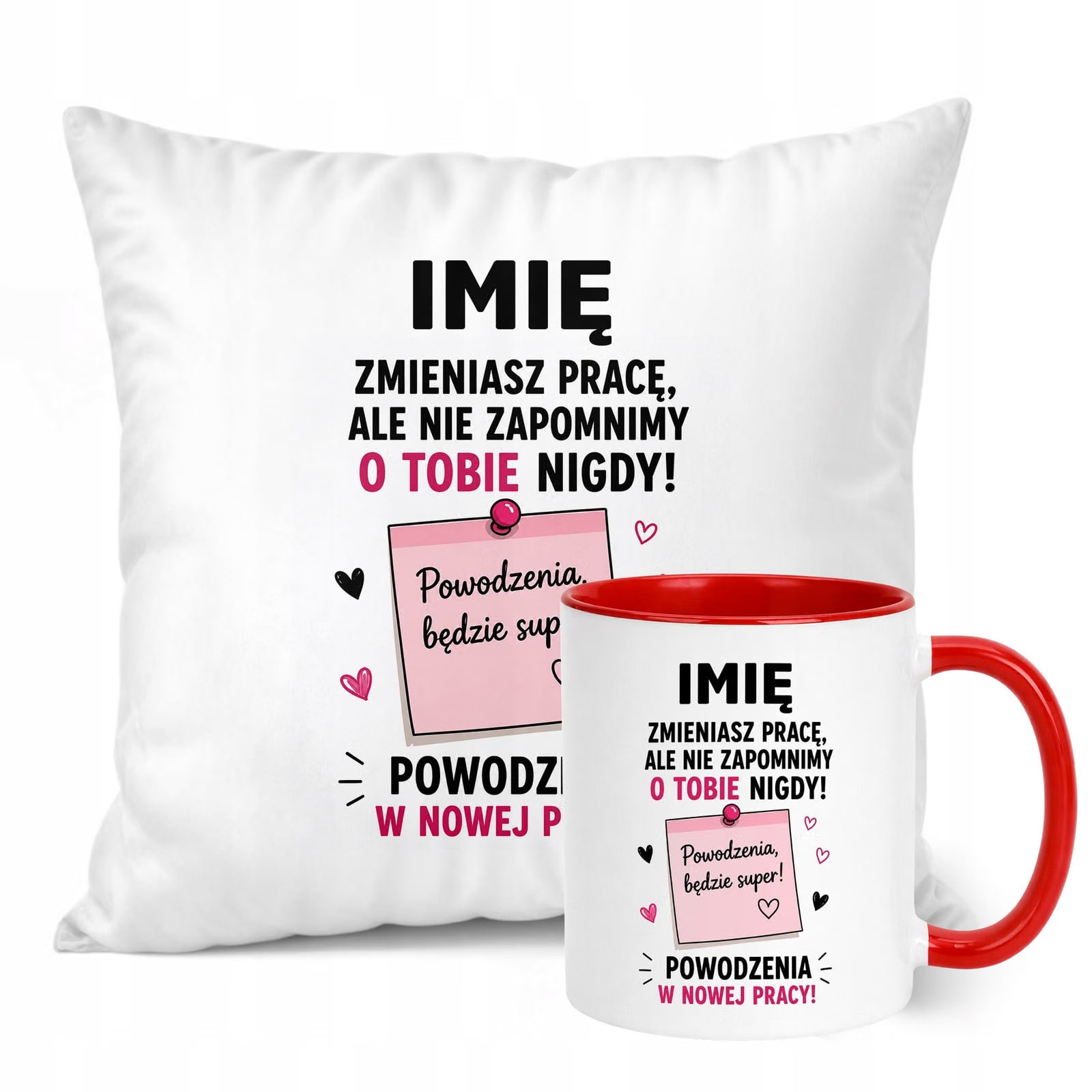 Zestaw Personalizowany Kubek Czerwony Poduszka Odejście z Pracy Prezent