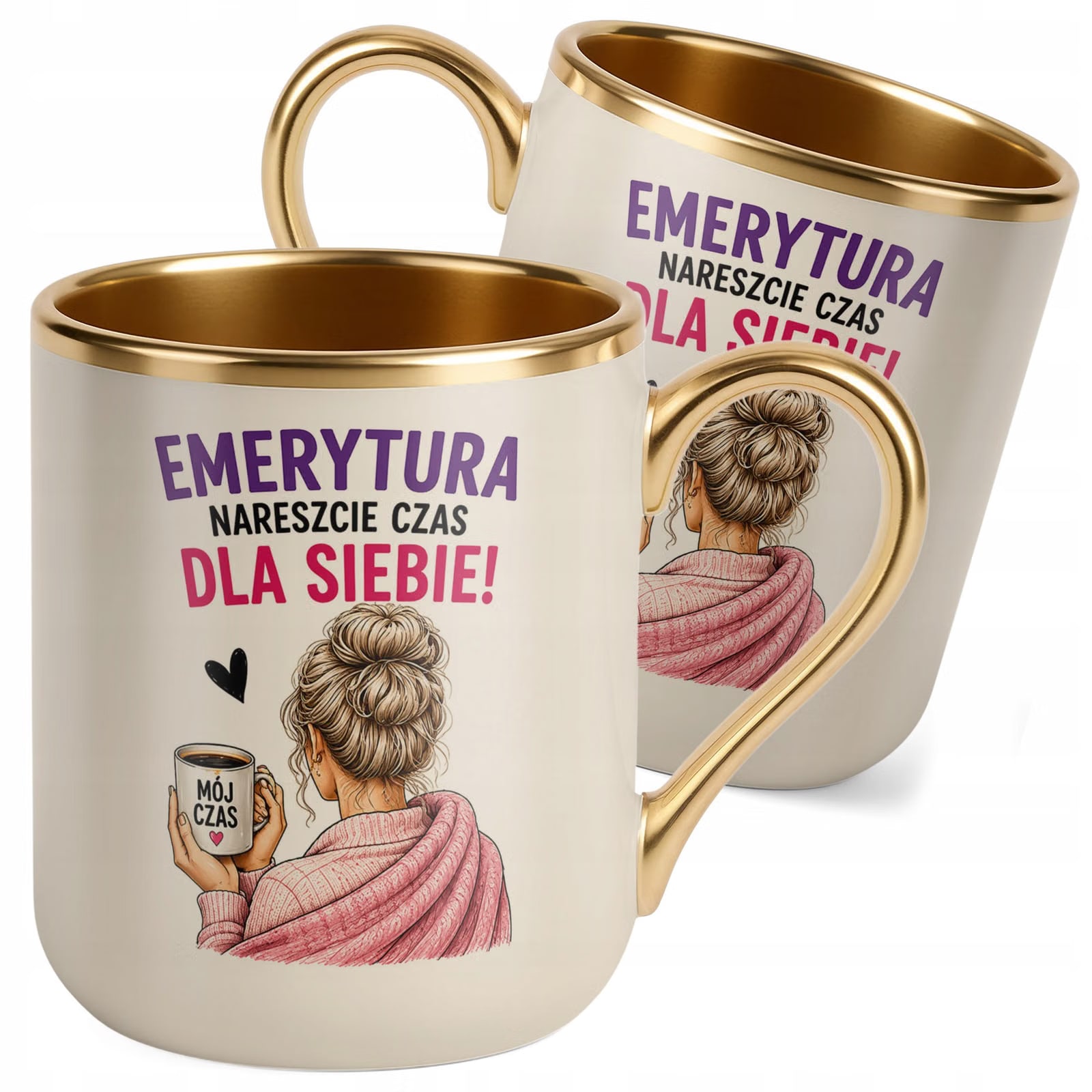 Kubek z nadrukiem Premium Złoty Ecru Emerytura Dla Emerytki Prezent