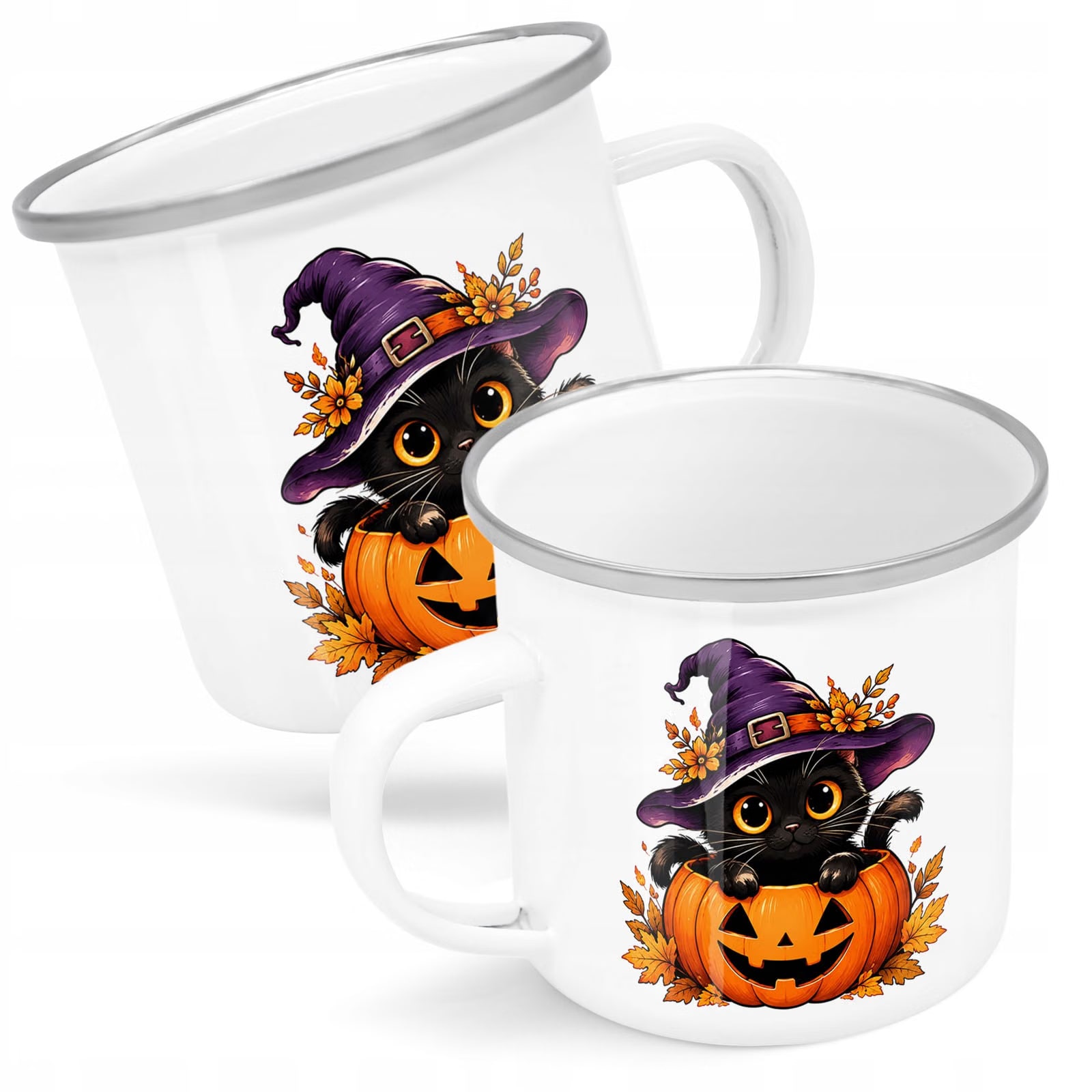 Kubek Emaliowany Halloween Kot Dynia z Nadrukiem Biały Metalowy Prezent