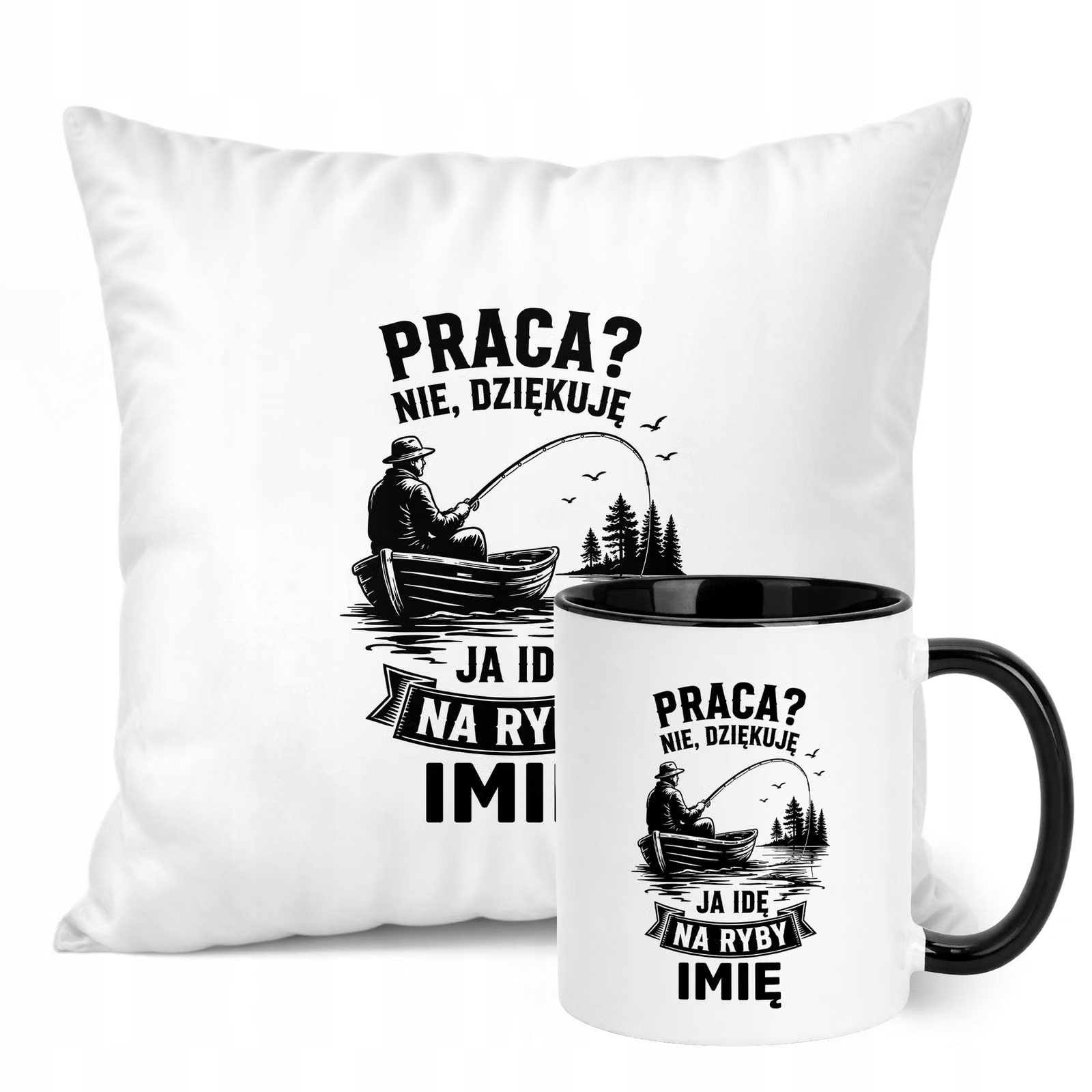 Zestaw Personalizowany Kubek Czarny Poduszka Z Nadrukiem Dla Wędkarza