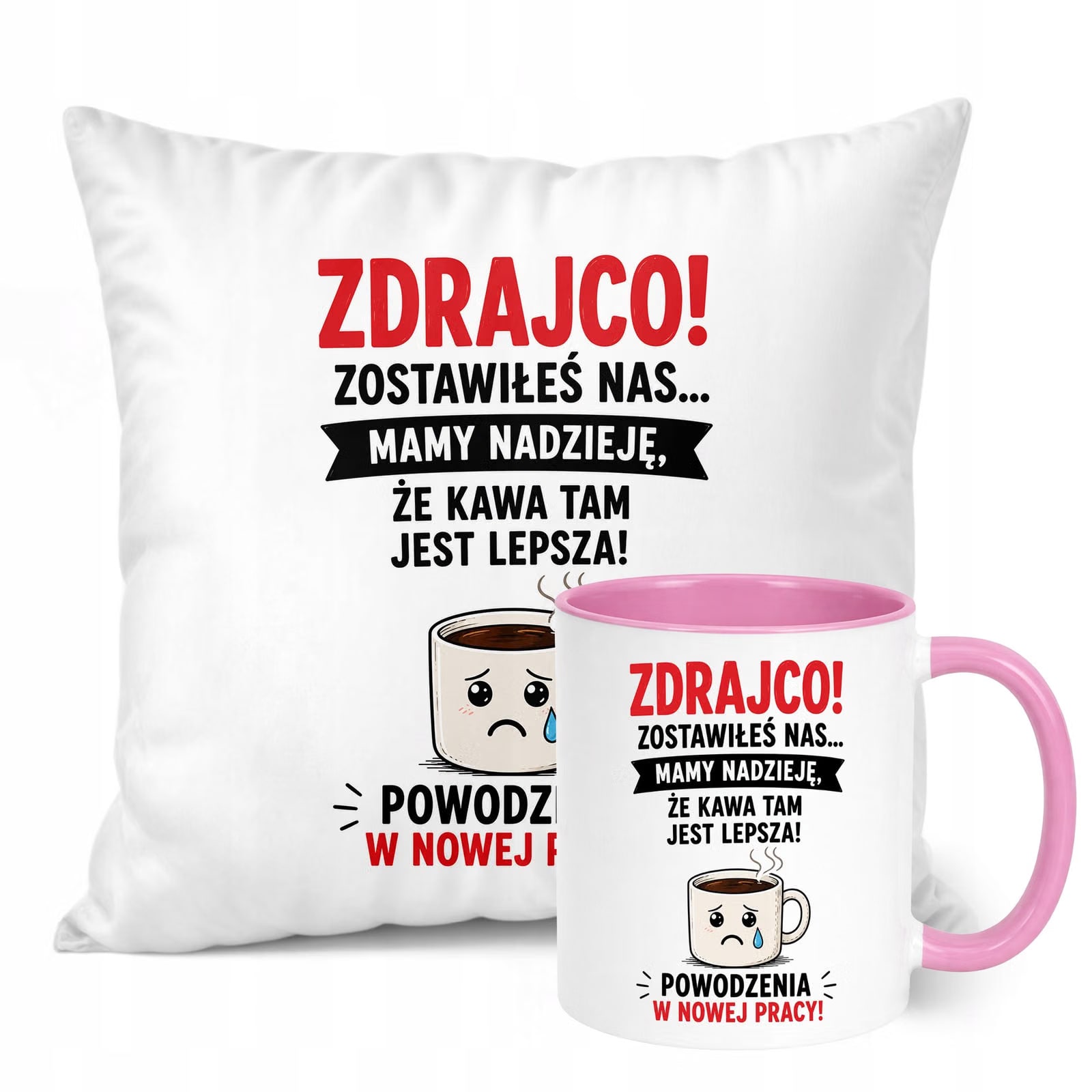 Zestaw Kubek Różowy Poduszka Z Nadrukiem Odejście z Pracy Prezent