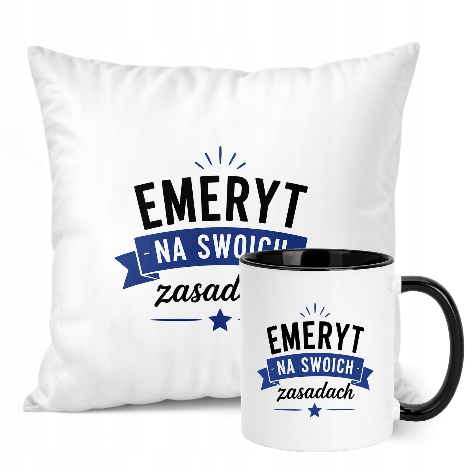 Zestaw Kubek Czarny Poduszka Z Nadrukiem Emerytura Dla Emeryta Prezent