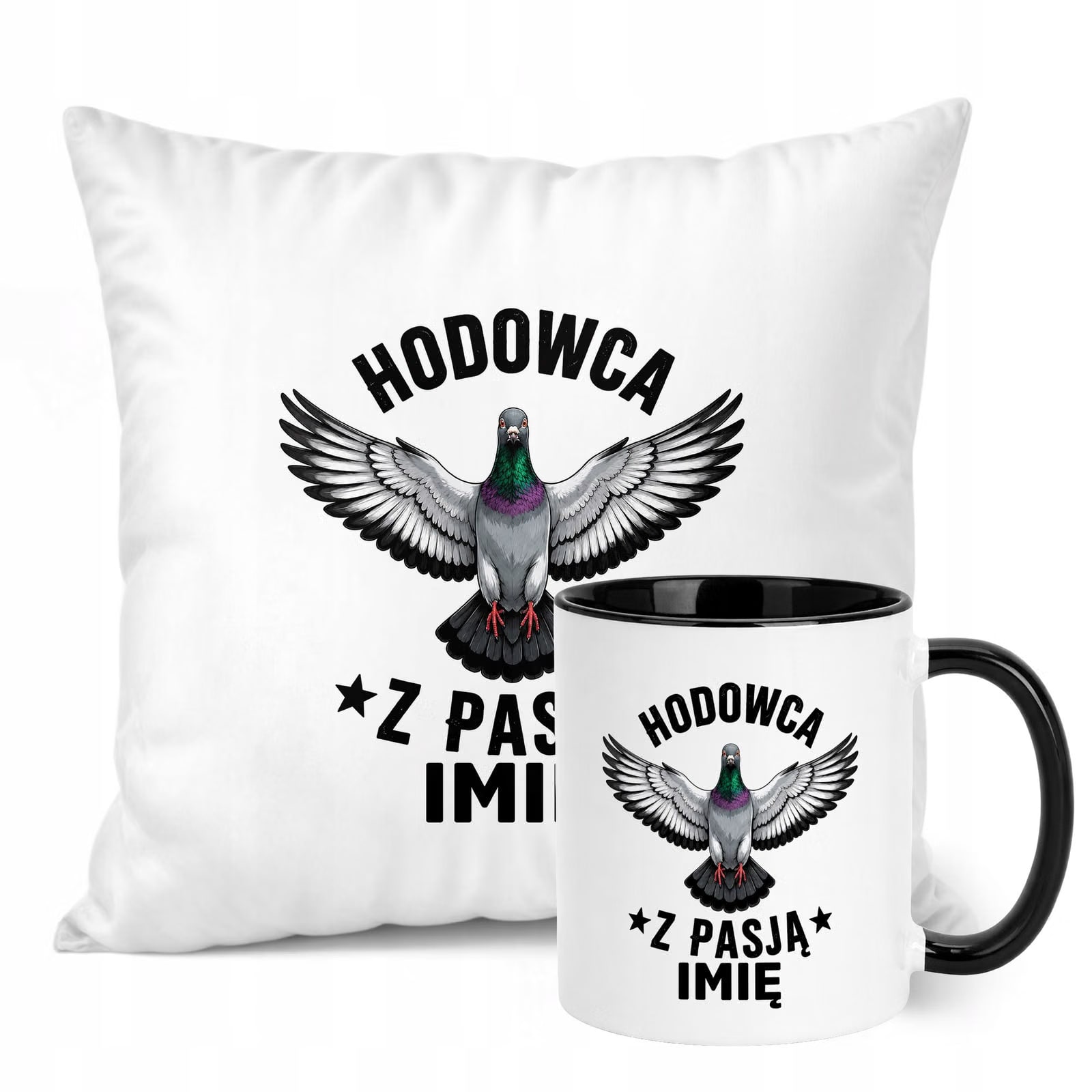 Zestaw Personalizowany Kubek Czarny Poduszka Z Nadrukiem Dla Gołębiarza