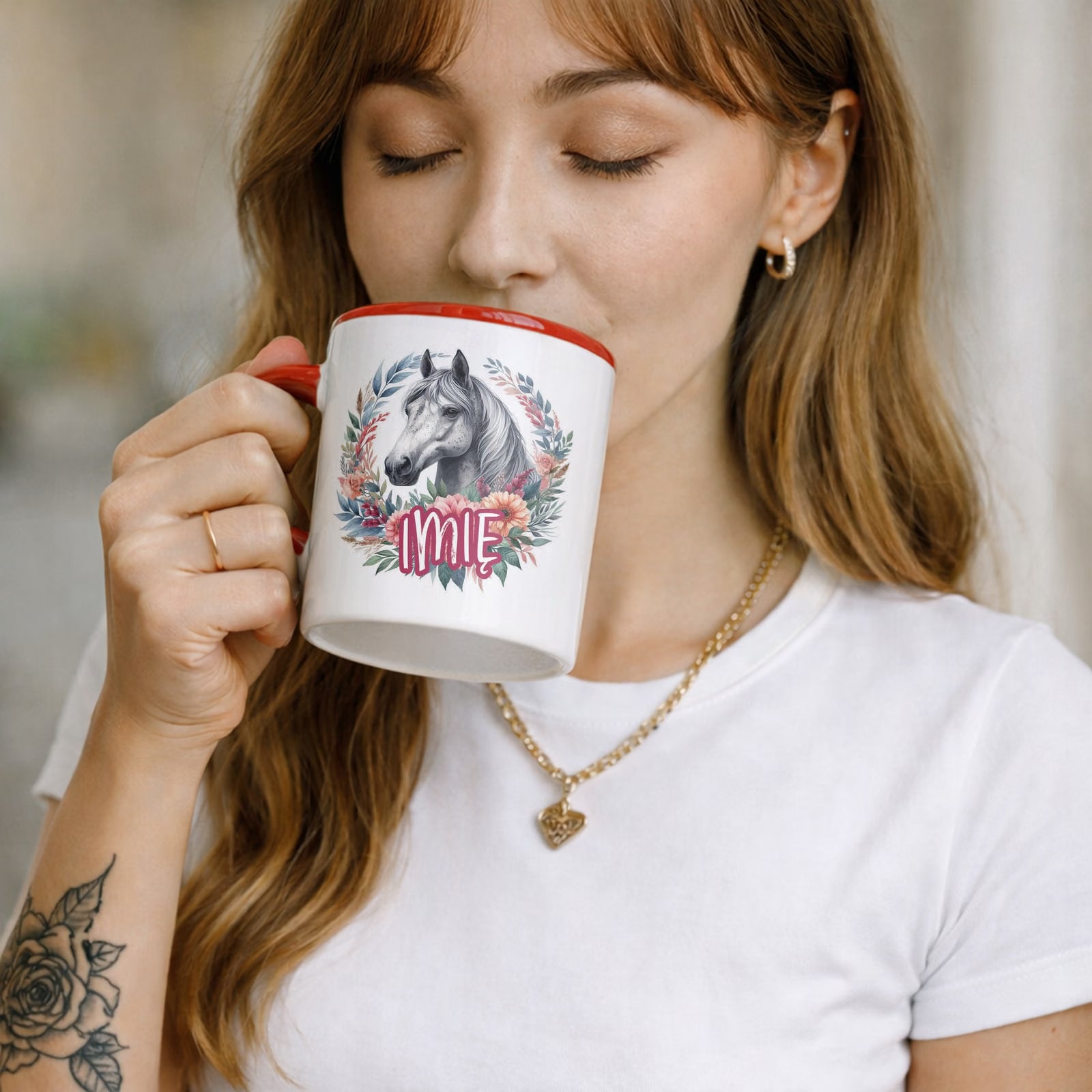 Kubek Czerwony Personalizowany Z Koniem Koń Słodki Dla Dzieci Prezent