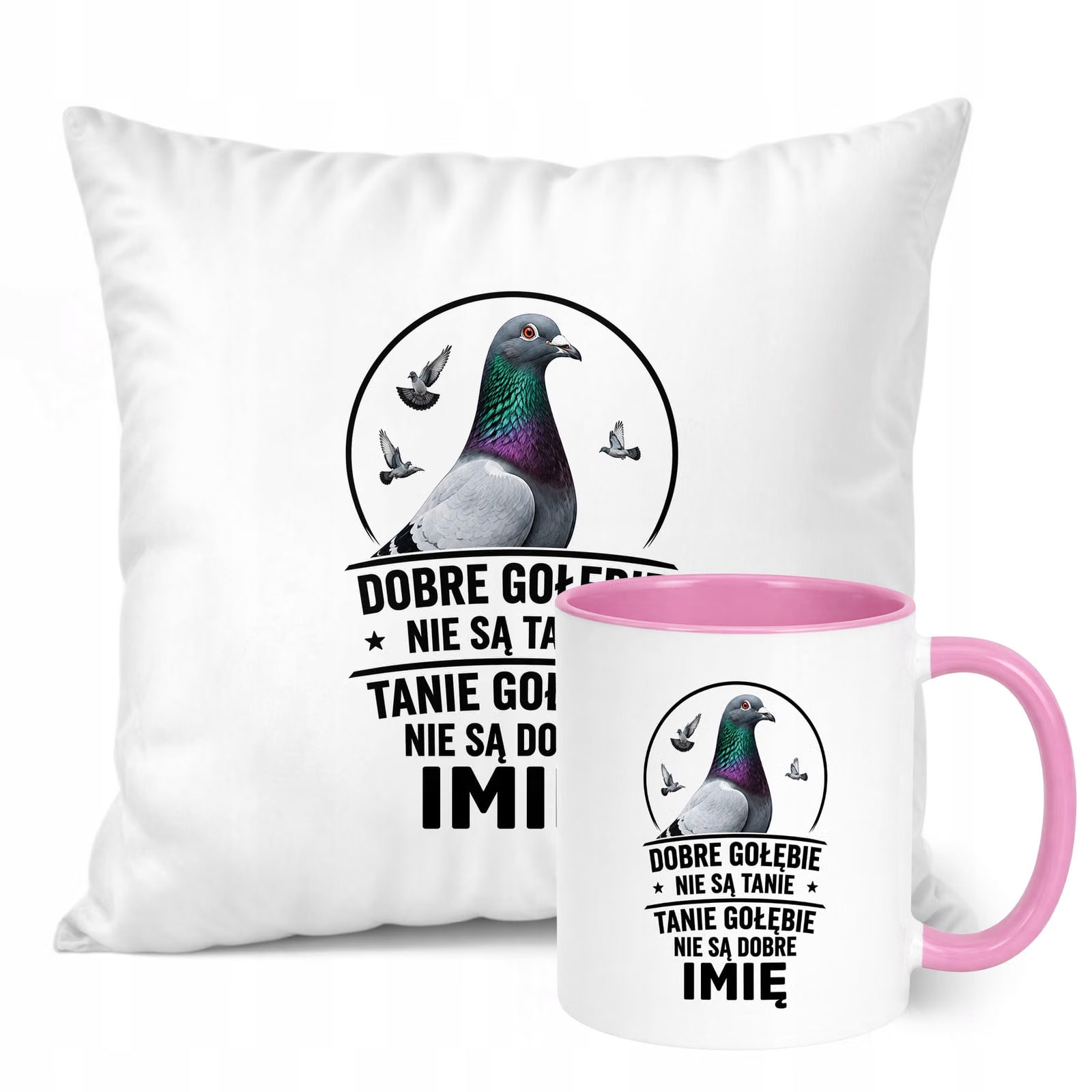 Zestaw Personalizowany Kubek Różowy Poduszka Z Nadrukiem Dla Gołębiarza
