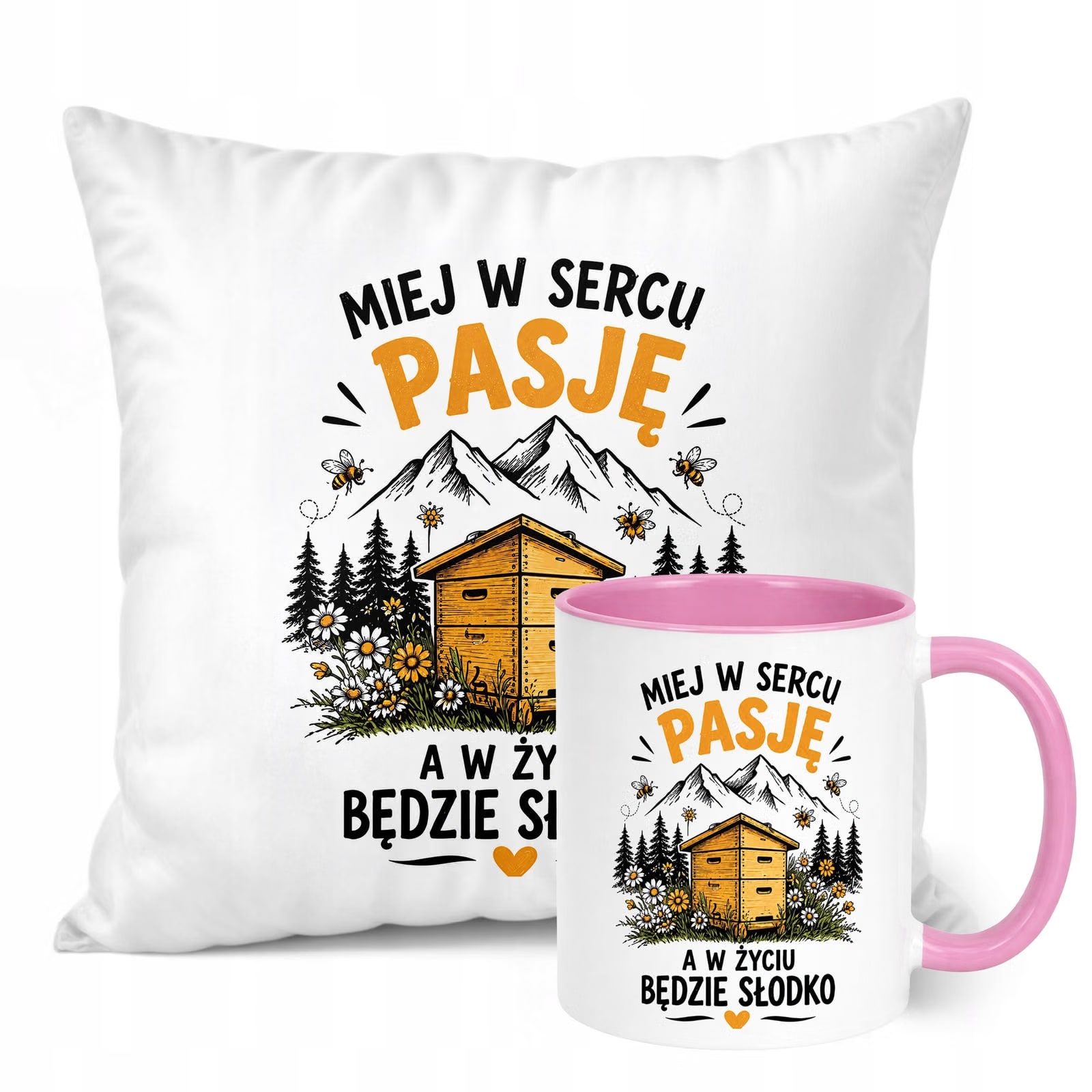 Zestaw Kubek Różowy Poduszka Z Nadrukiem Dla Pszczelarza Prezent