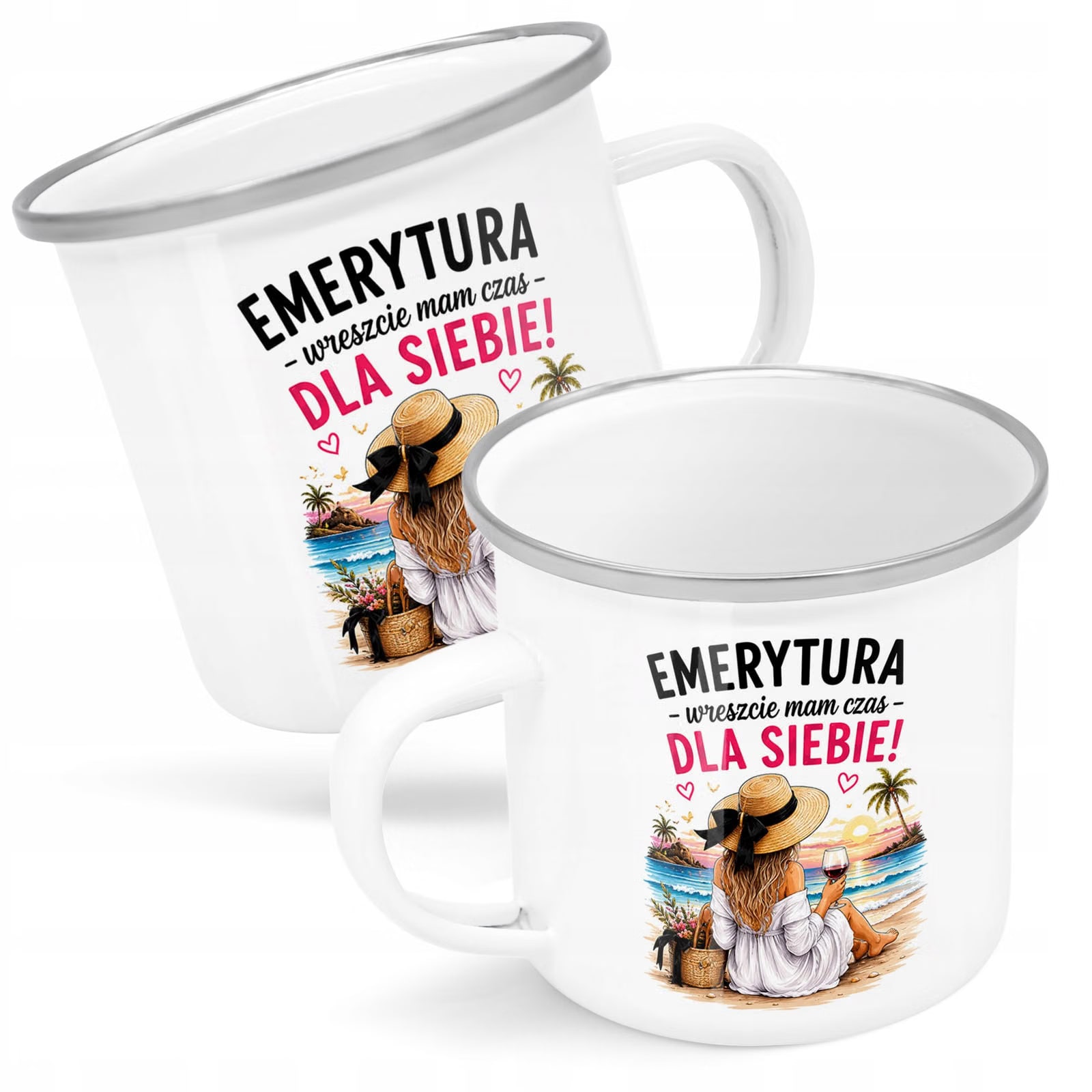 Kubek Emaliowany Emerytura Dla Emerytki z Nadrukiem Biały Metalowy Prezent