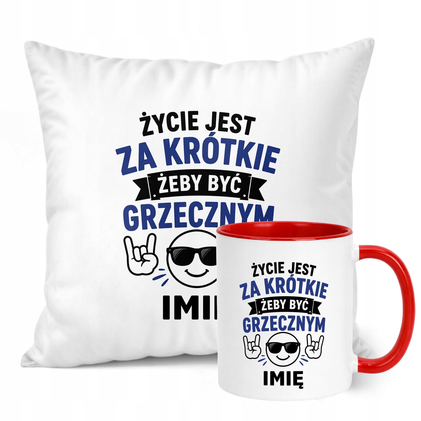 Zestaw Personalizowany Kubek Czerwony Poduszka Dzień Chłopaka Z Nadrukiem