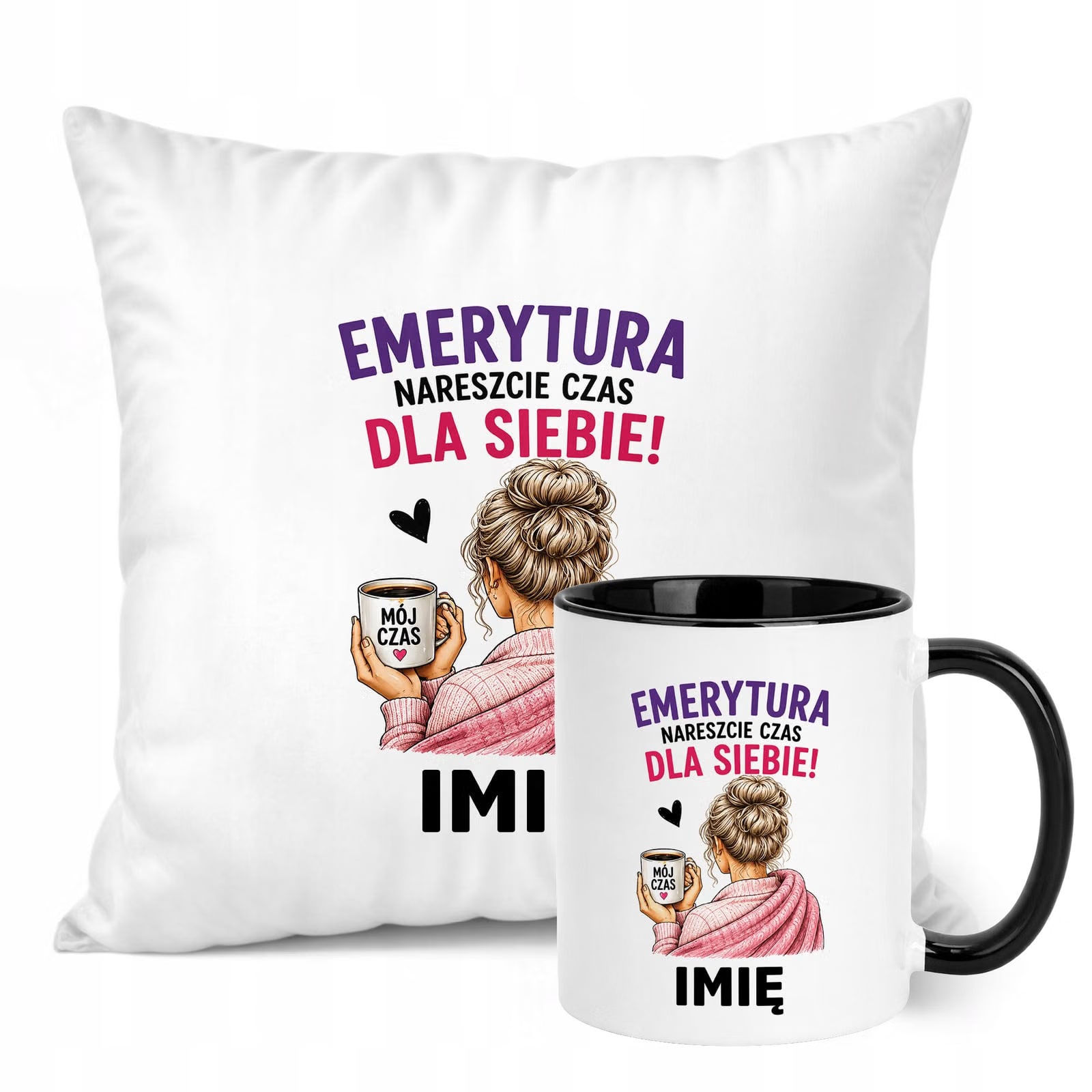 Zestaw Personalizowany Kubek Czarny Poduszka Emerytura Upominek Prezent
