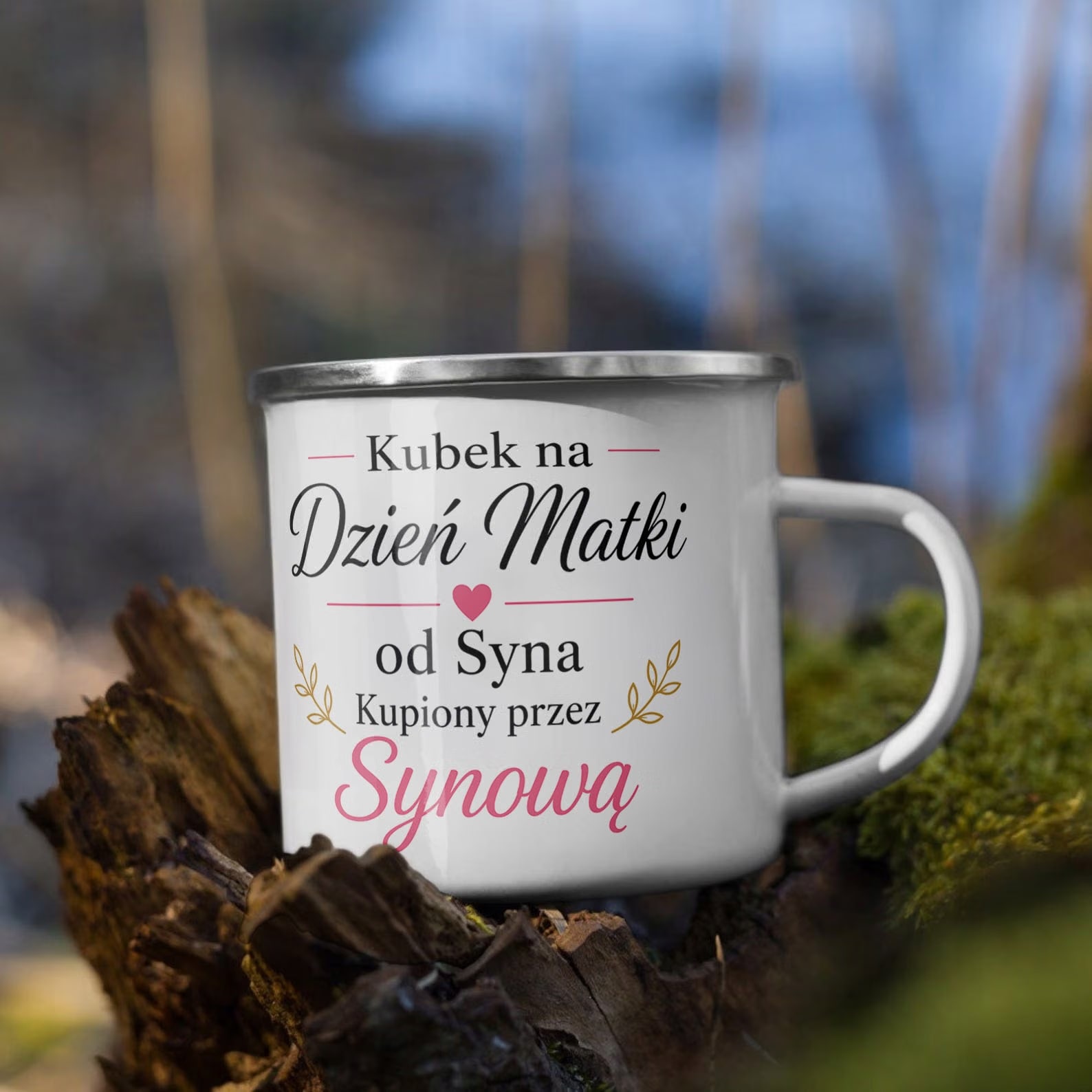 Kubek Emaliowany Dzień Matki dla mamy najlepszy z Nadrukiem Biały Metalowy