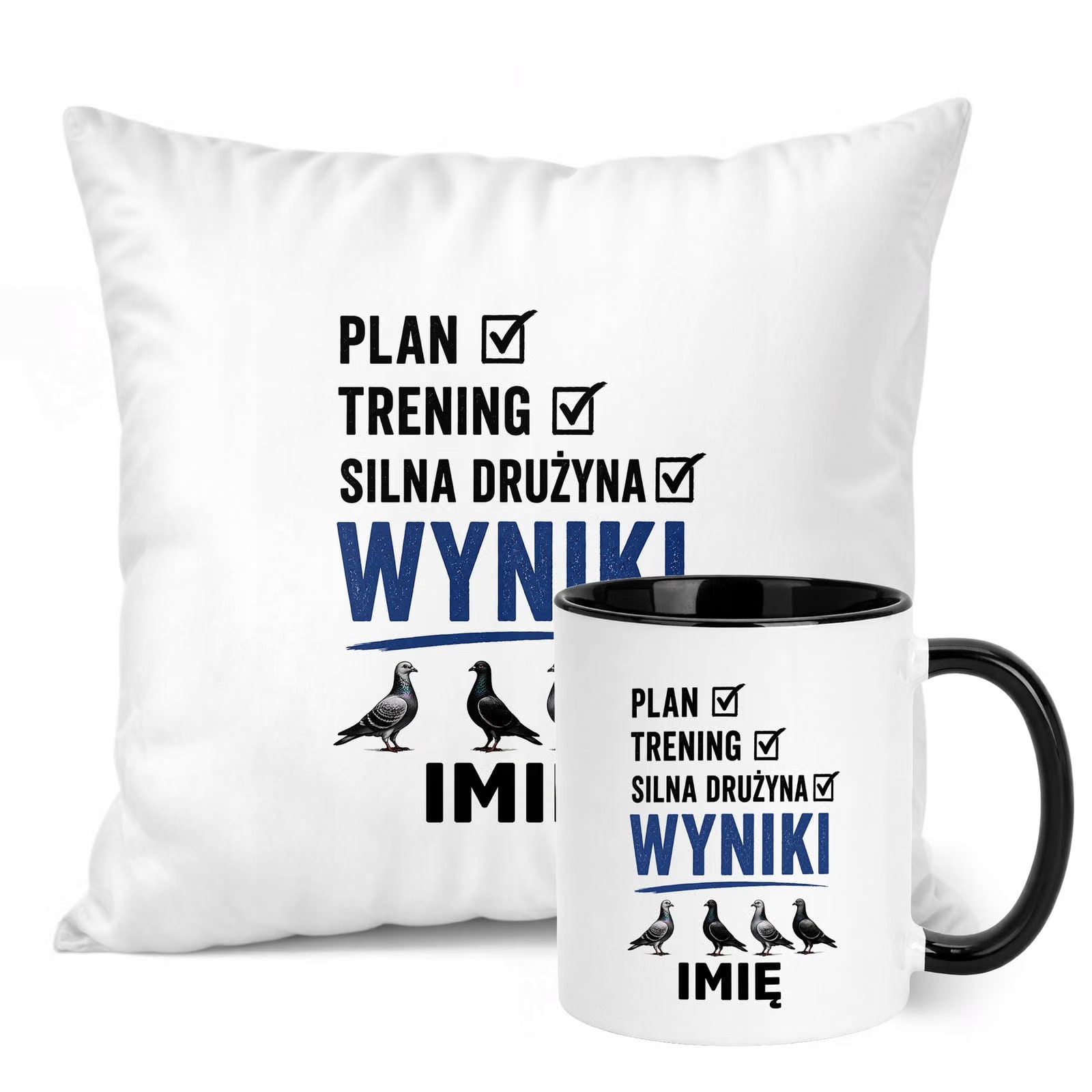 Zestaw Personalizowany Kubek Czarny Poduszka Z Nadrukiem Dla Gołębiarza
