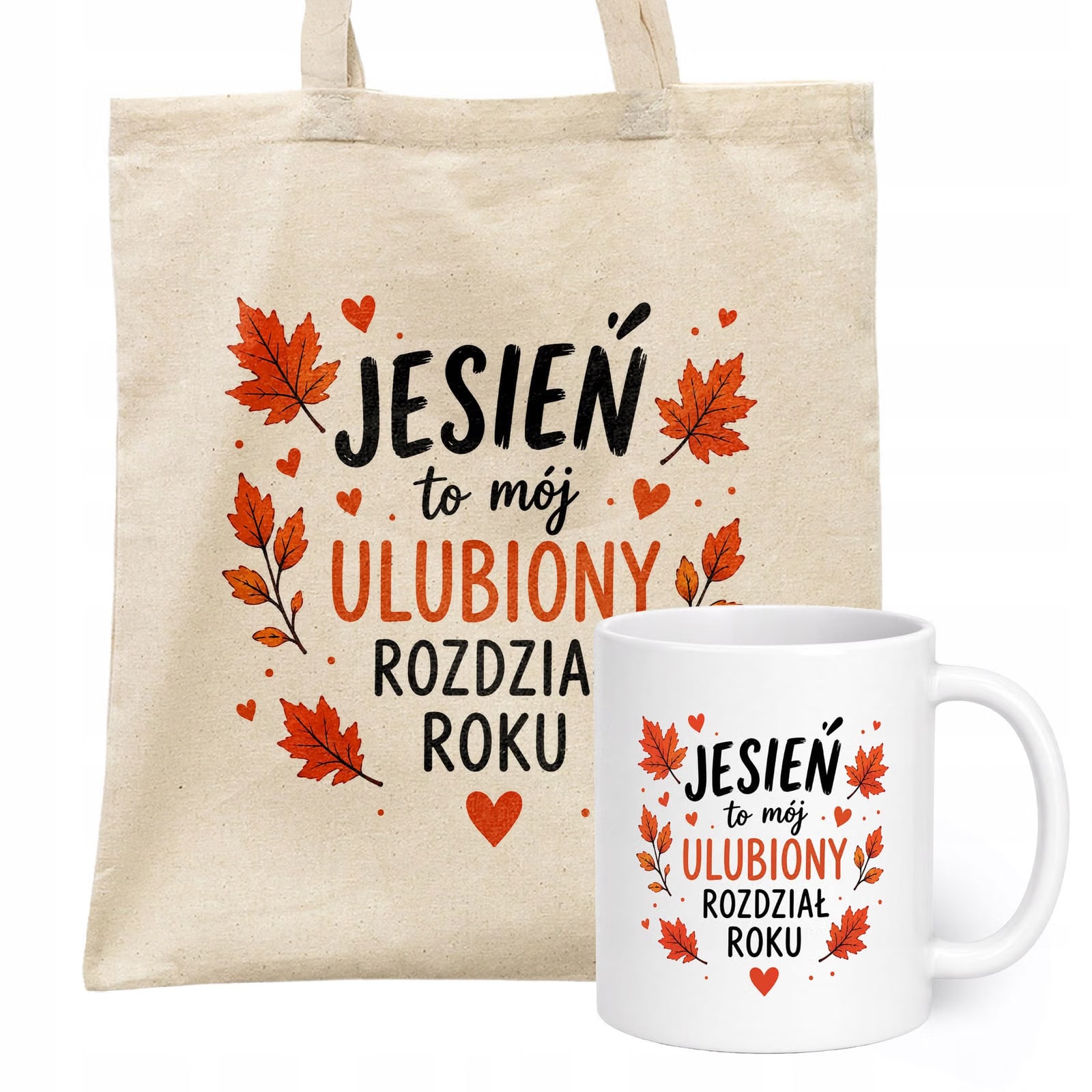 Zestaw Kubek Biały Torba Shopper Ecru Z Nadrukiem Jesień Jesienny Prezent