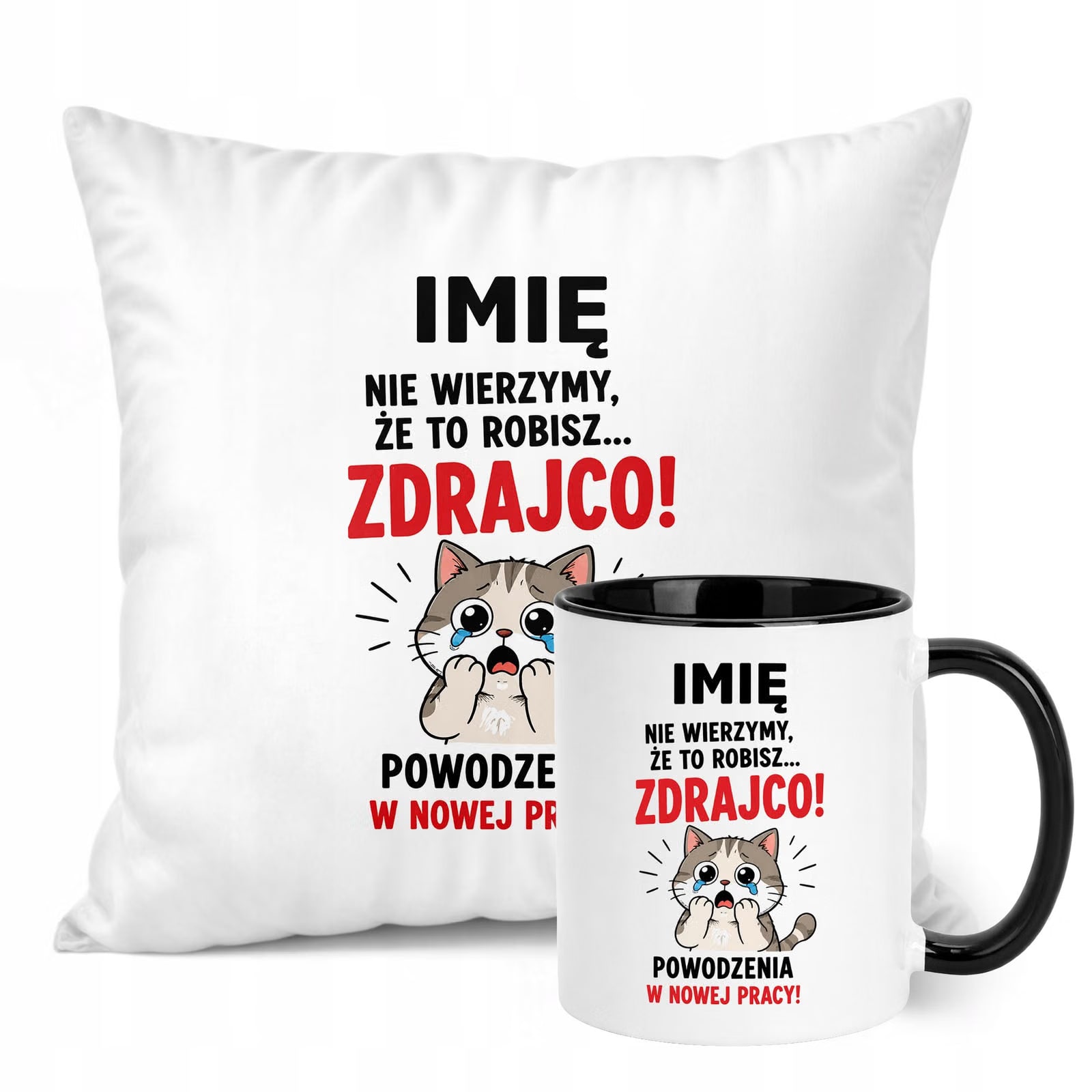 Zestaw Personalizowany Kubek Czarny Poduszka Odejście z Pracy Prezent