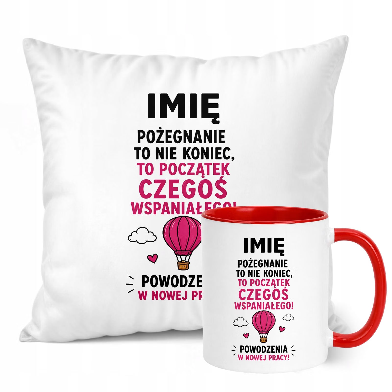 Zestaw Personalizowany Kubek Czerwony Poduszka Odejście z Pracy Prezent